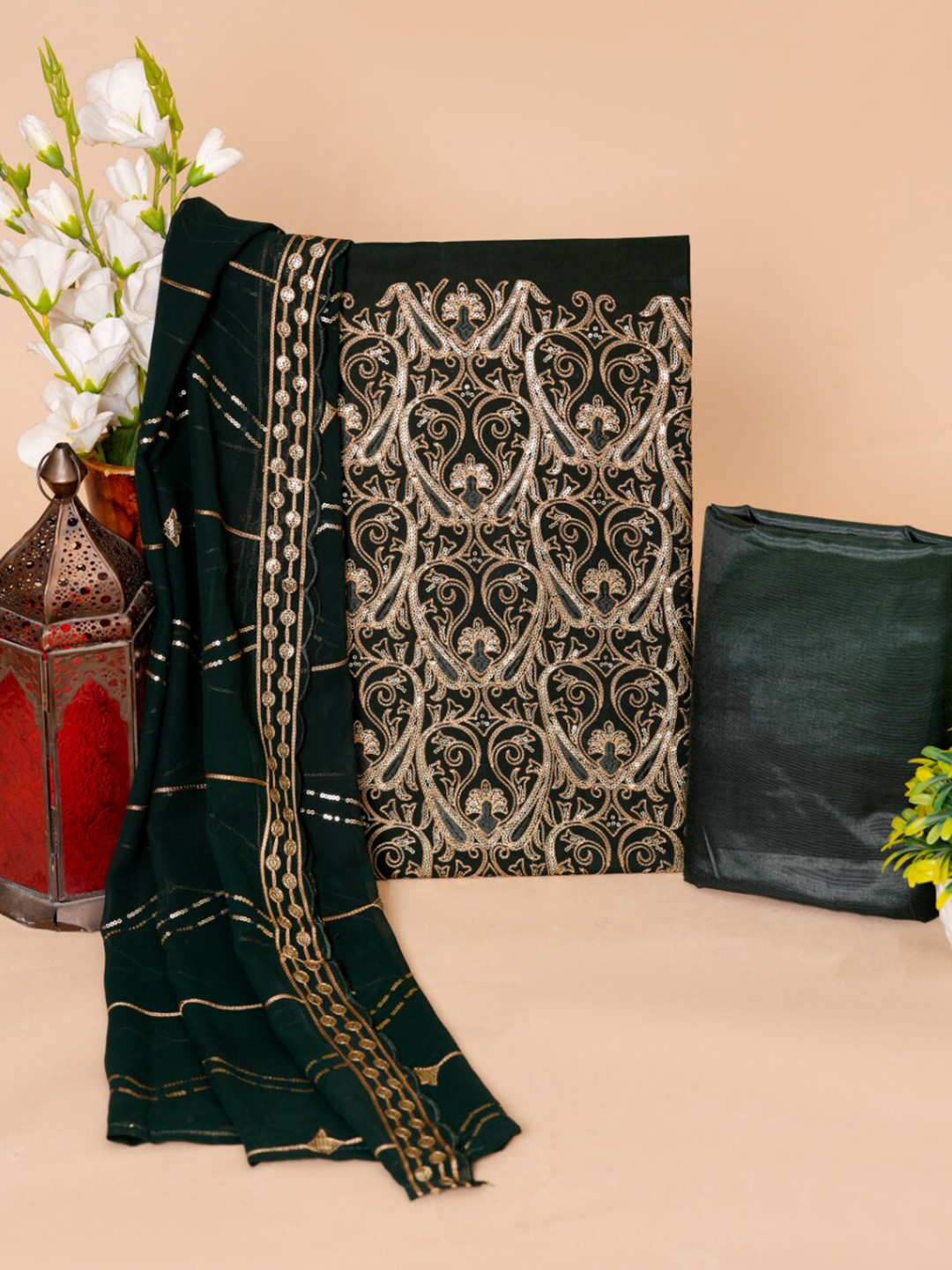 

JC4U Ethnic Motifs Embellished Sequinned Silk Chiffon Unstitched Dress Material, Green