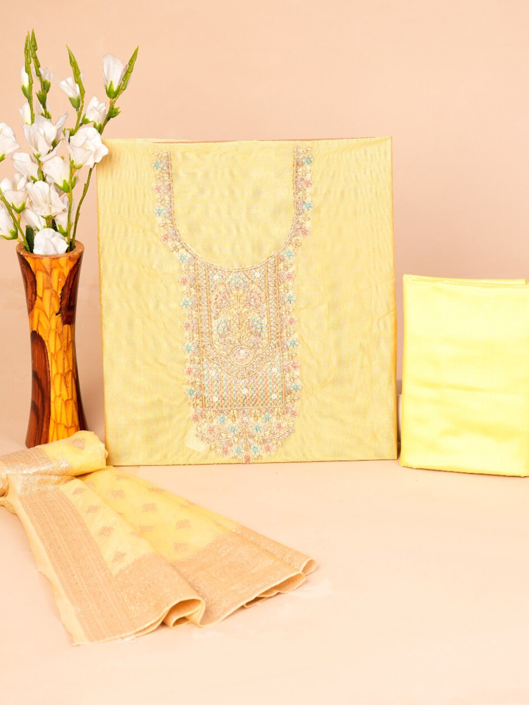 

JC4U Floral Embellished Pure Silk Unstitched Dress Material, Yellow