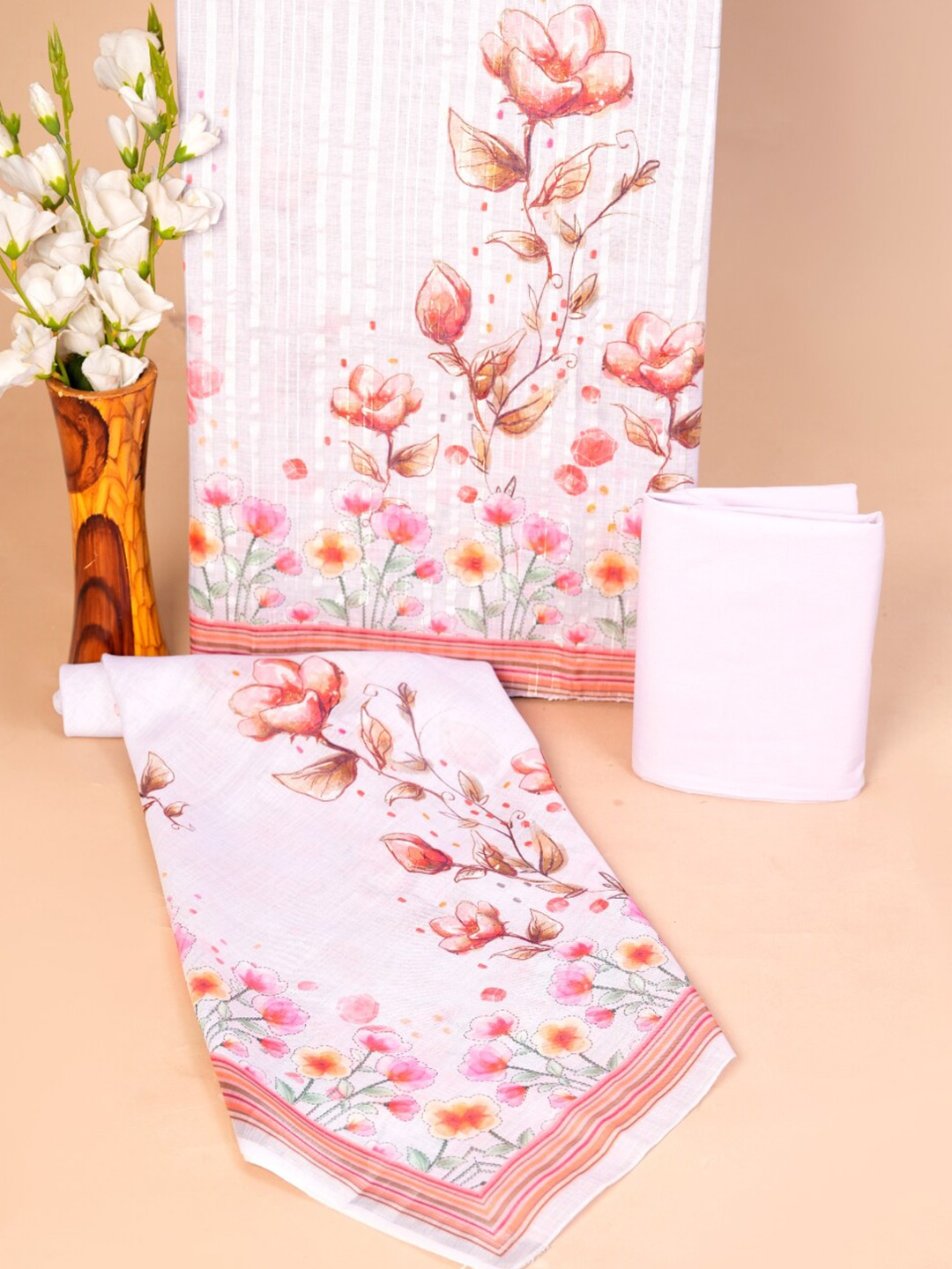 

JC4U Floral Embellished Pure Cotton Unstitched Dress Material, Peach