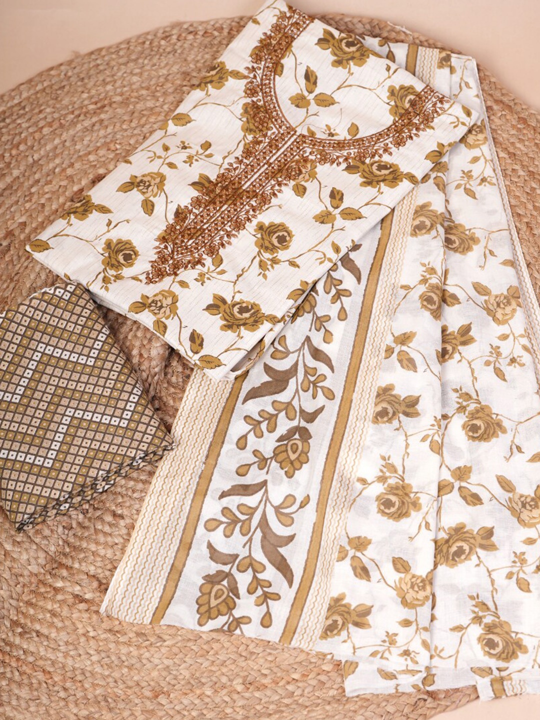 

JC4U Floral Printed Sequinned Pure Cotton Unstitched Dress Material, Gold