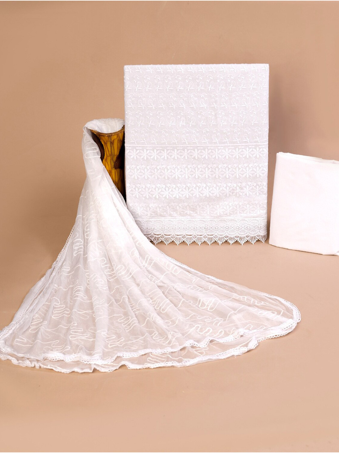 

JC4U Floral Embroidered Pure Cotton Unstitched Dress Material, White