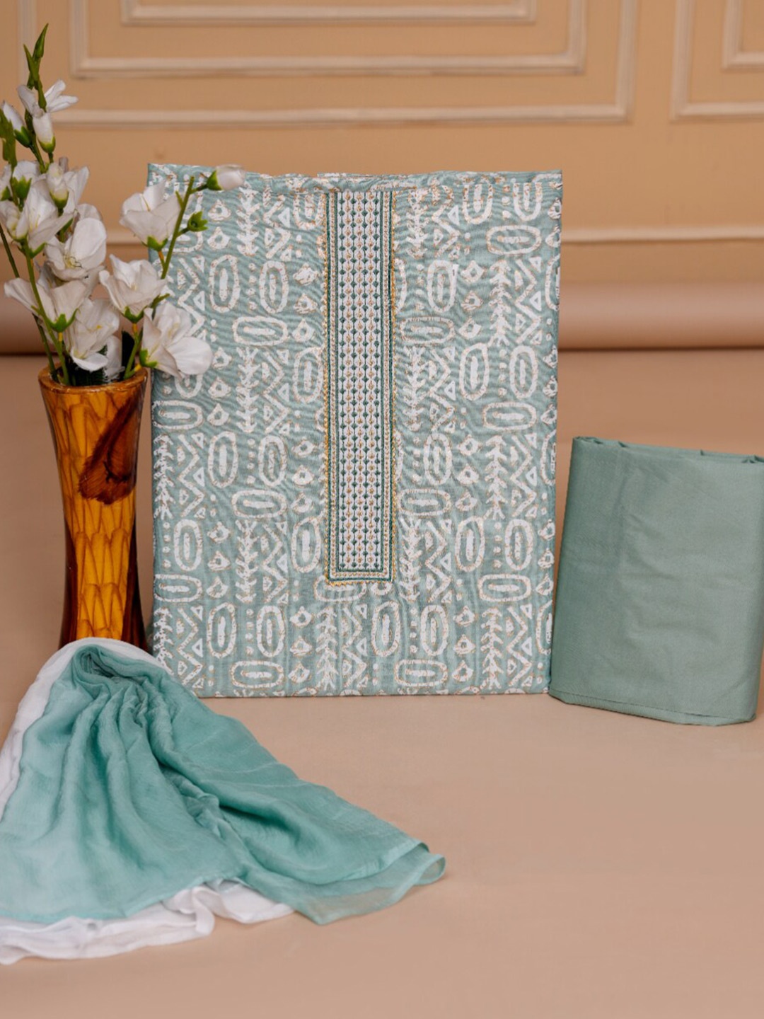 

JC4U Ethnic Motifs Embellished Pure Cotton Unstitched Dress Material, Green