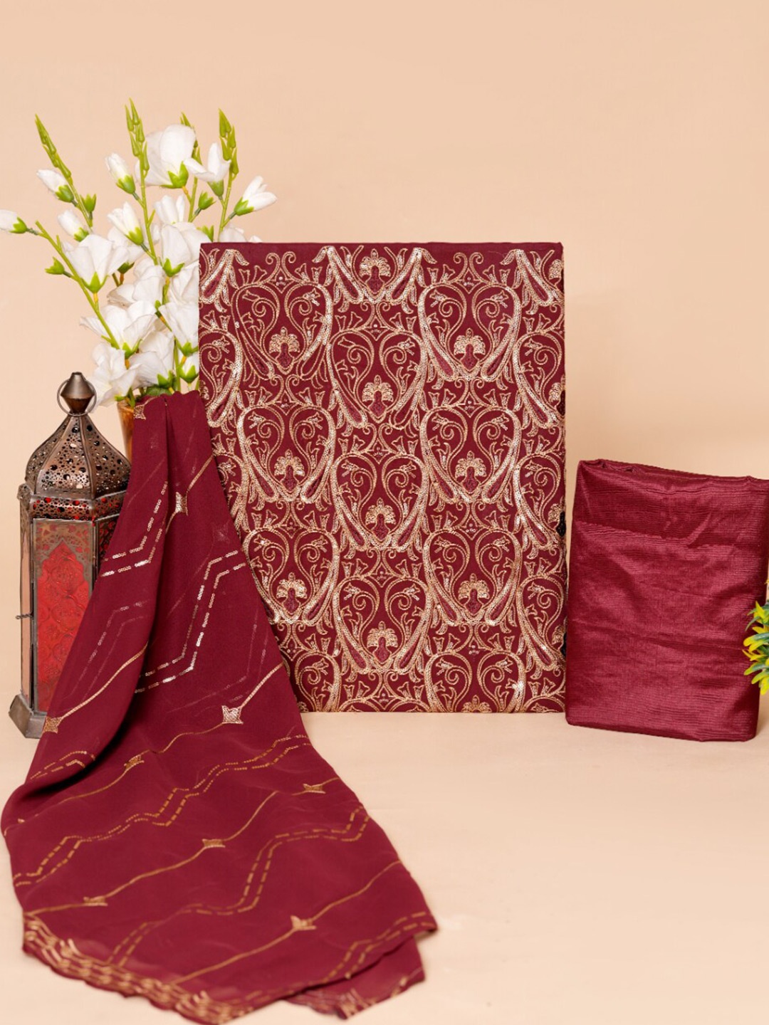 

JC4U Ethnic Motifs Embroidered Sequinned Detailed Unstitched Dress Material, Maroon