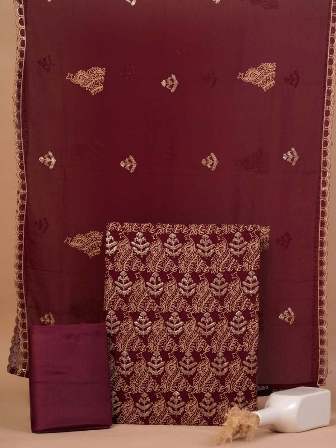 

JC4U Floral Embellished Pure Cotton Unstitched Dress Material, Maroon