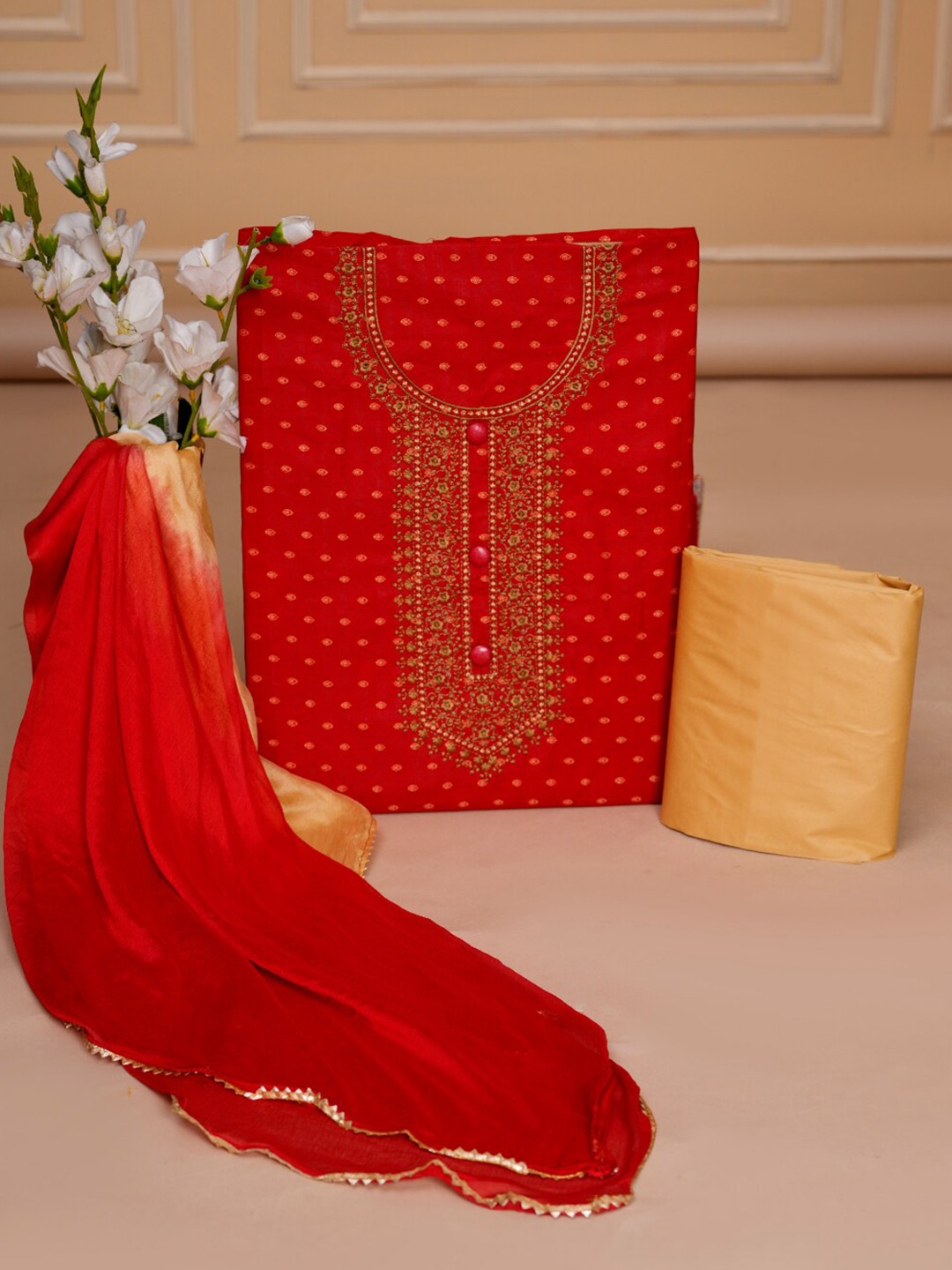 

JC4U Woven Design Pure Cotton Unstitched Dress Material, Red