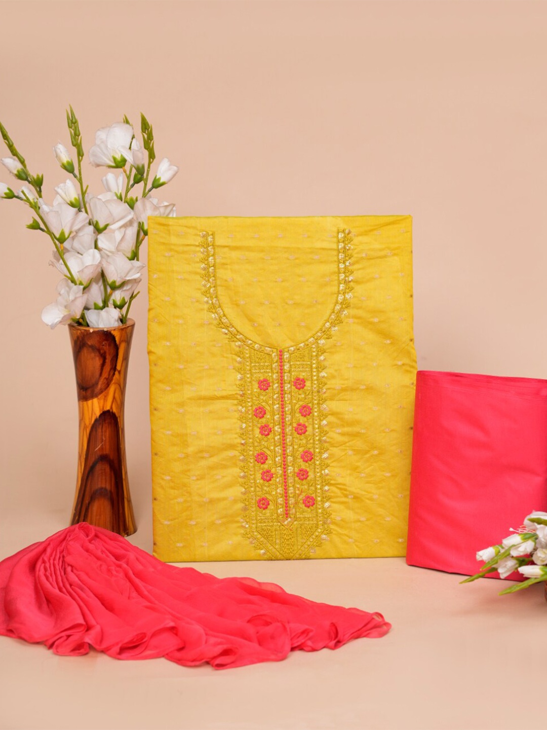 

JC4U Embellished Zari Pure Cotton Unstitched Dress Material, Mustard