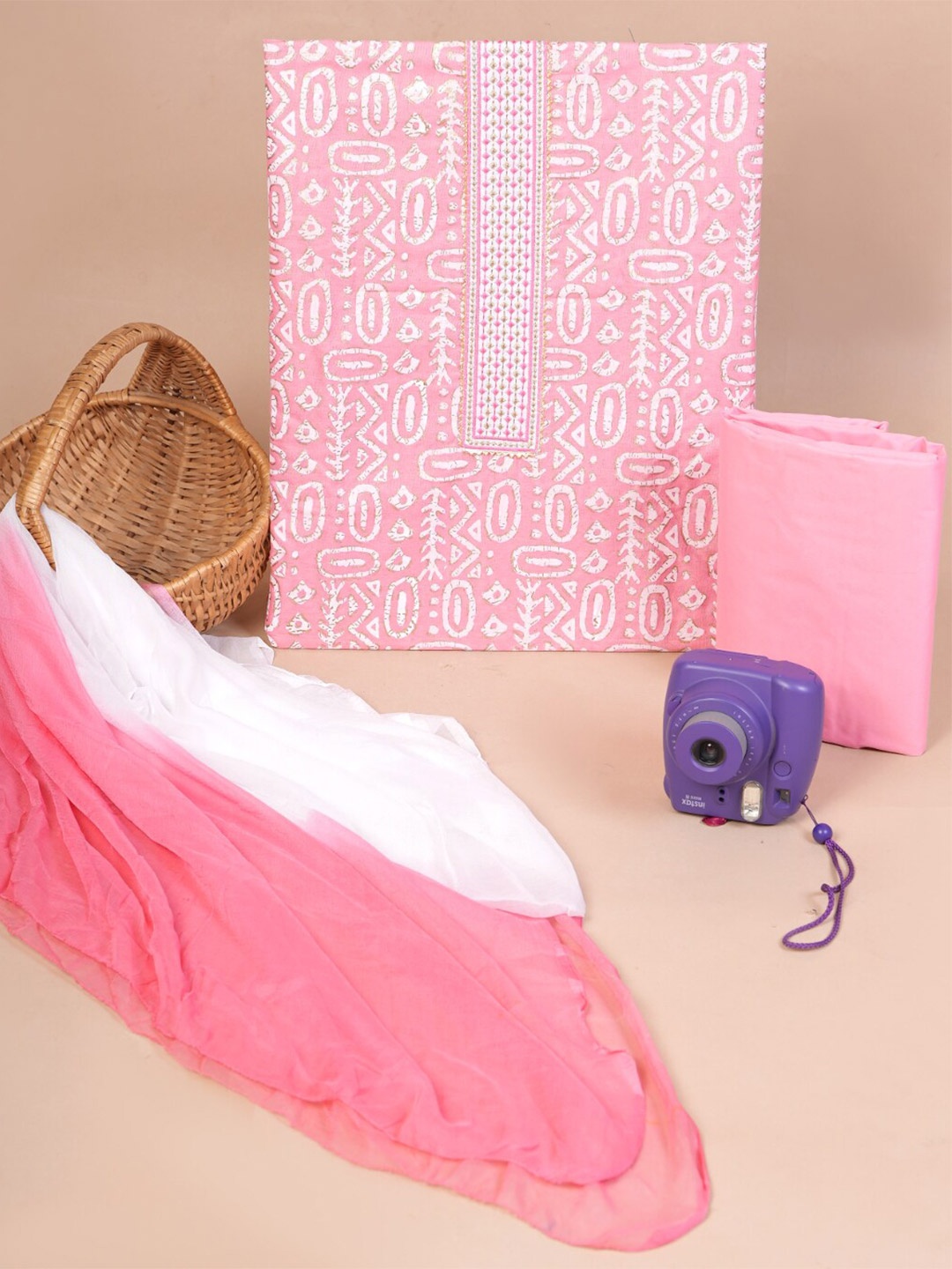 

JC4U Ethnic Motifs Embellished Pure Cotton Unstitched Dress Material, Pink