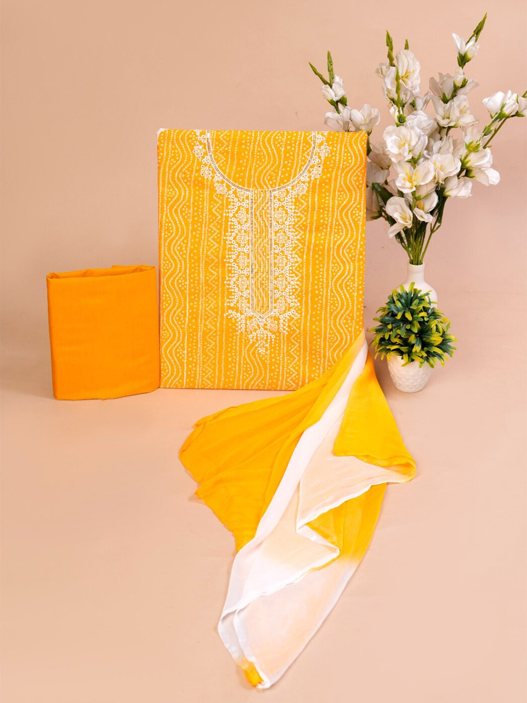 

JC4U Bandhani Embellished Sequinned Pure Cotton Unstitched Dress Material, Mustard