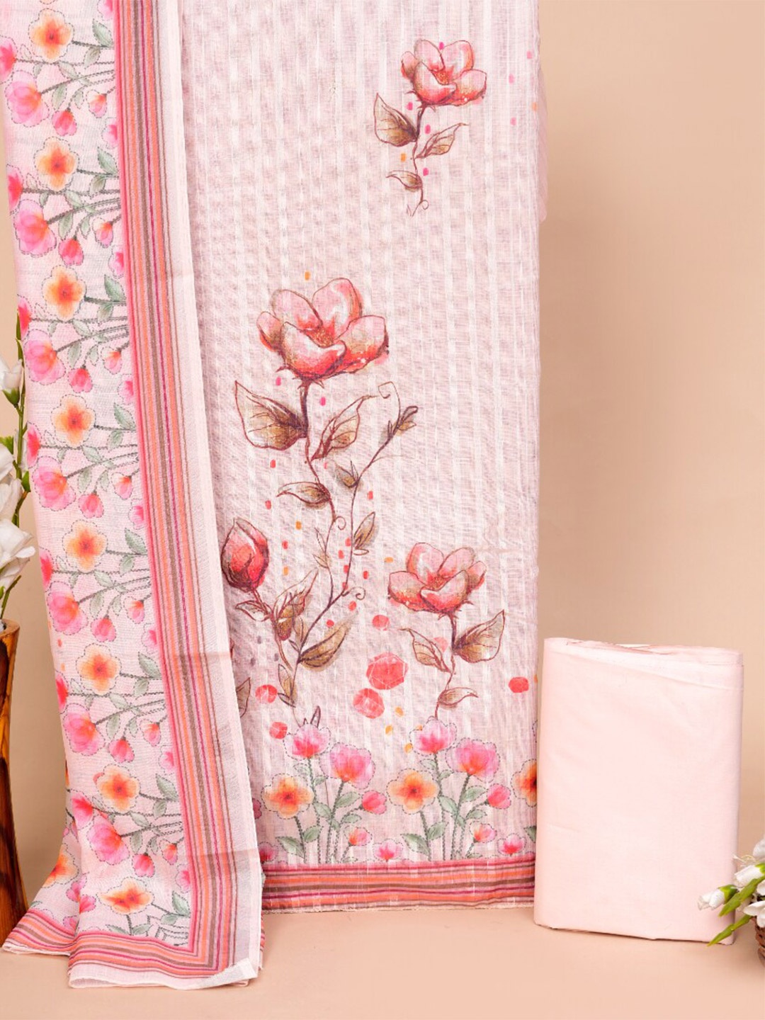 

JC4U Floral Printed Pure Cotton Unstitched Dress Material, Pink