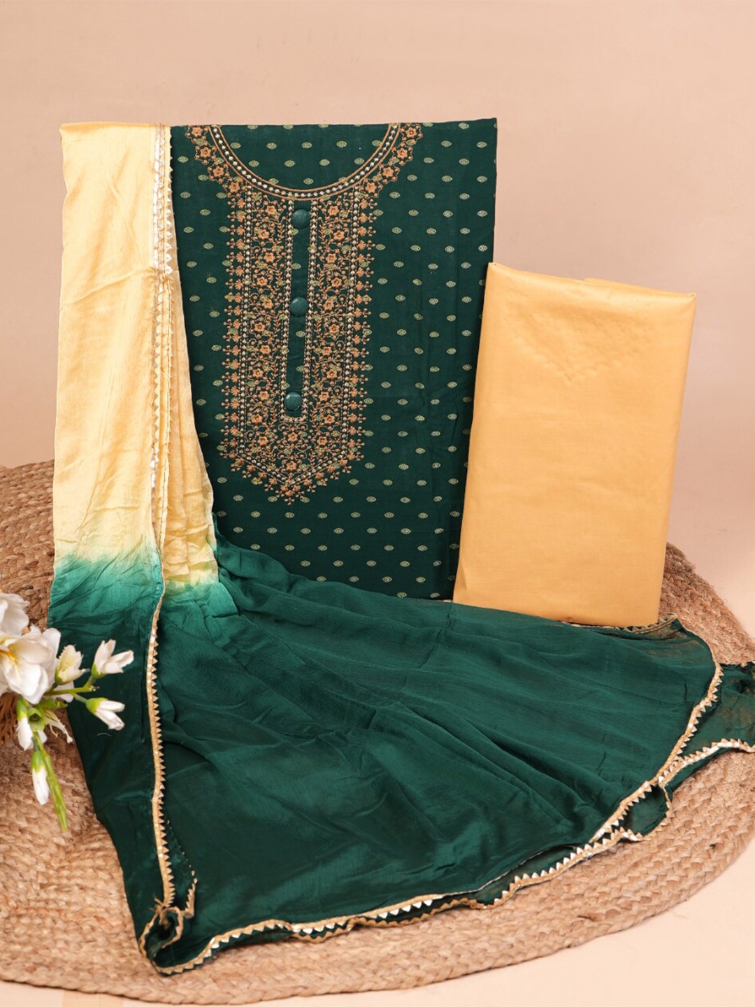 

JC4U Woven Design Pure Cotton Unstitched Dress Material, Green