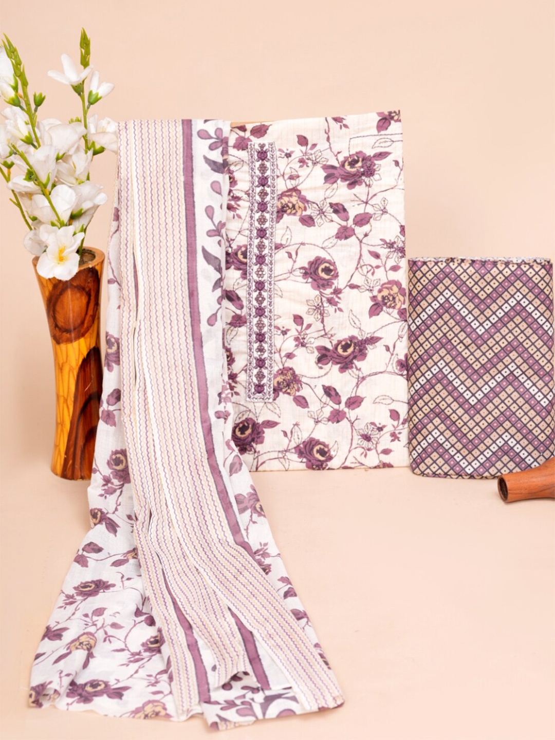 

JC4U Floral Printed Thread Work Detailed Pure Cotton Unstitched Dress Material, Purple