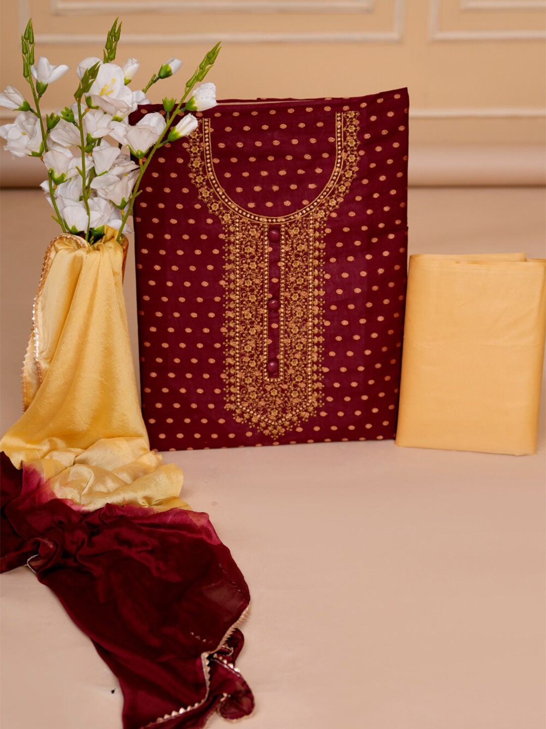 

JC4U Ethnic Motifs Woven Design Thread Work Detailed Pure Cotton Unstitched Dress Material, Maroon