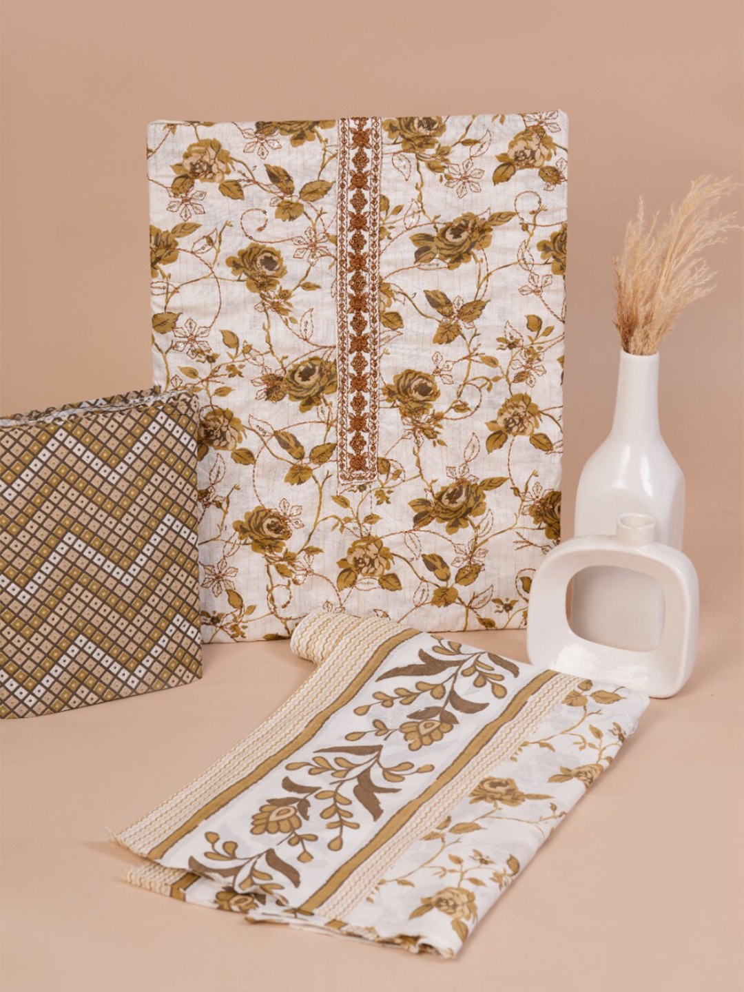 

JC4U Embellished Pure Cotton Unstitched Dress Material, Gold