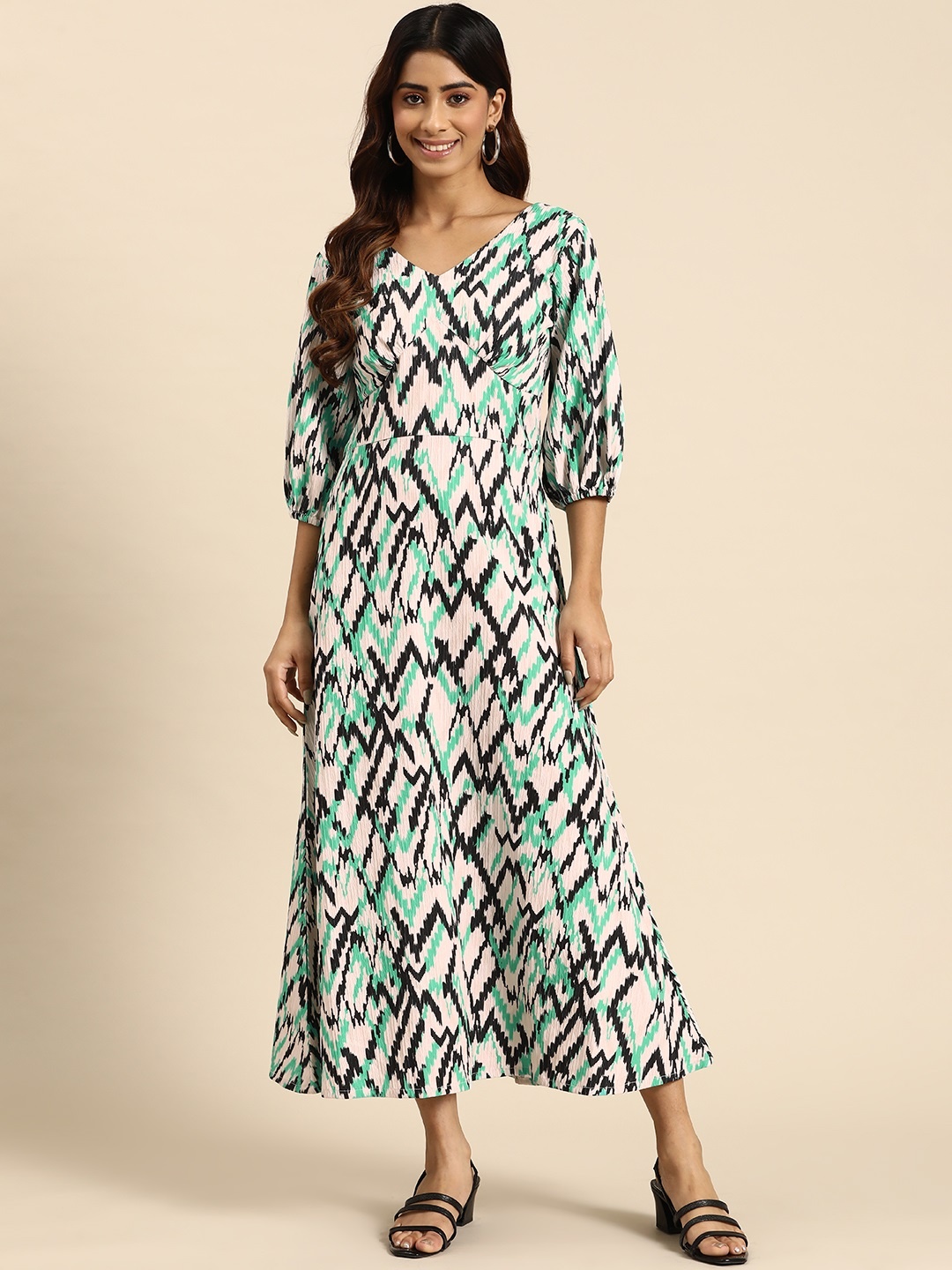 

WoowZerz Abstract Printed Puff Sleeve Maxi Dress, Beige