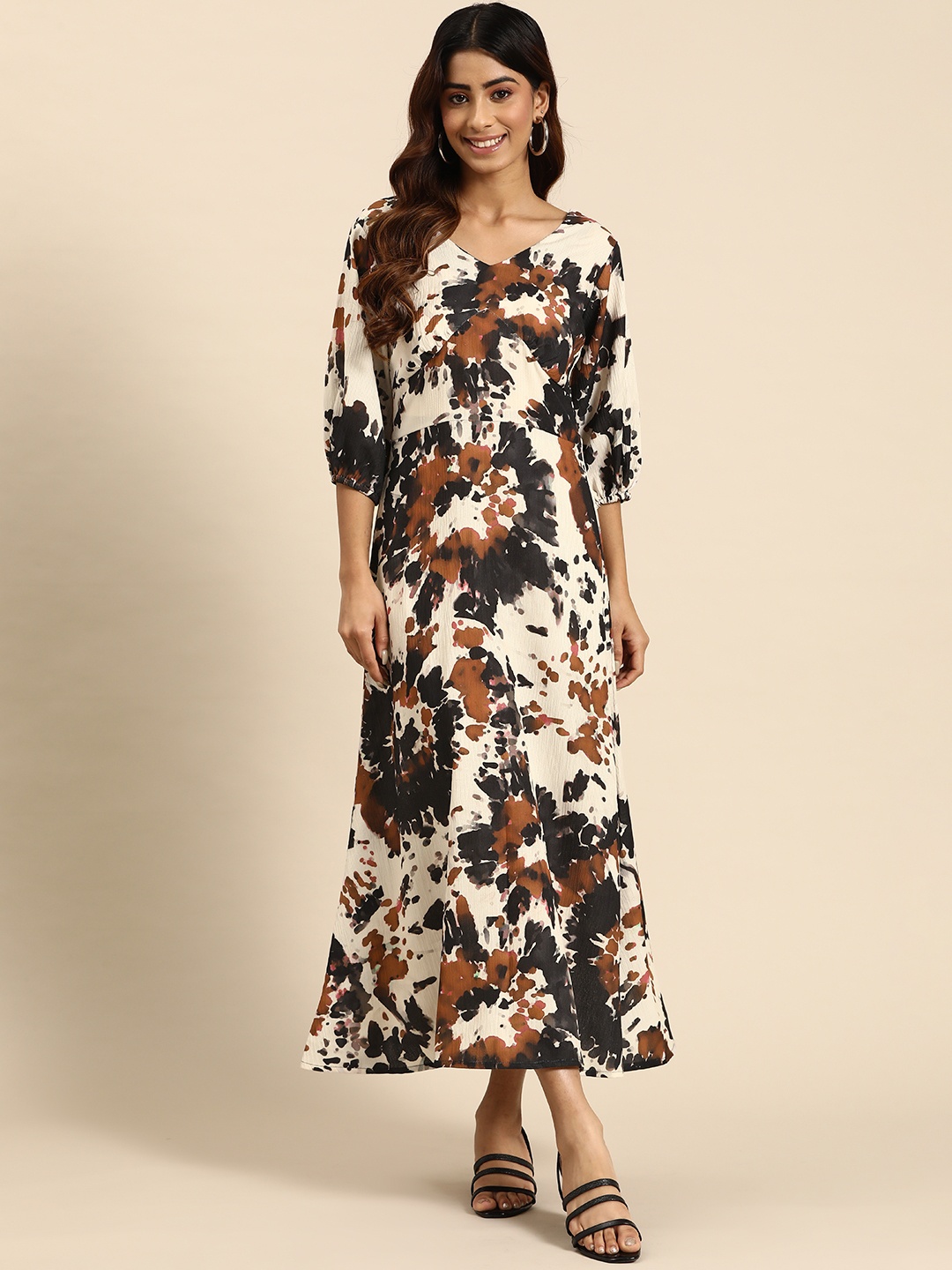 

WoowZerz Abstract Printed Puff Sleeve Maxi Dress, Beige