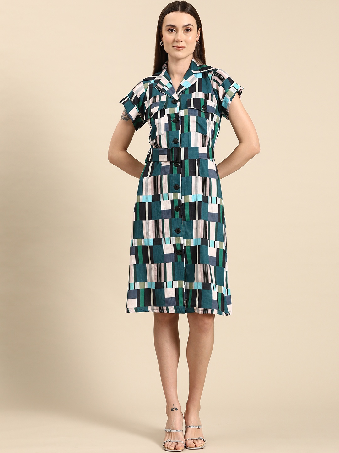 

WoowZerz Geometric Printed A-Line Dress, Green