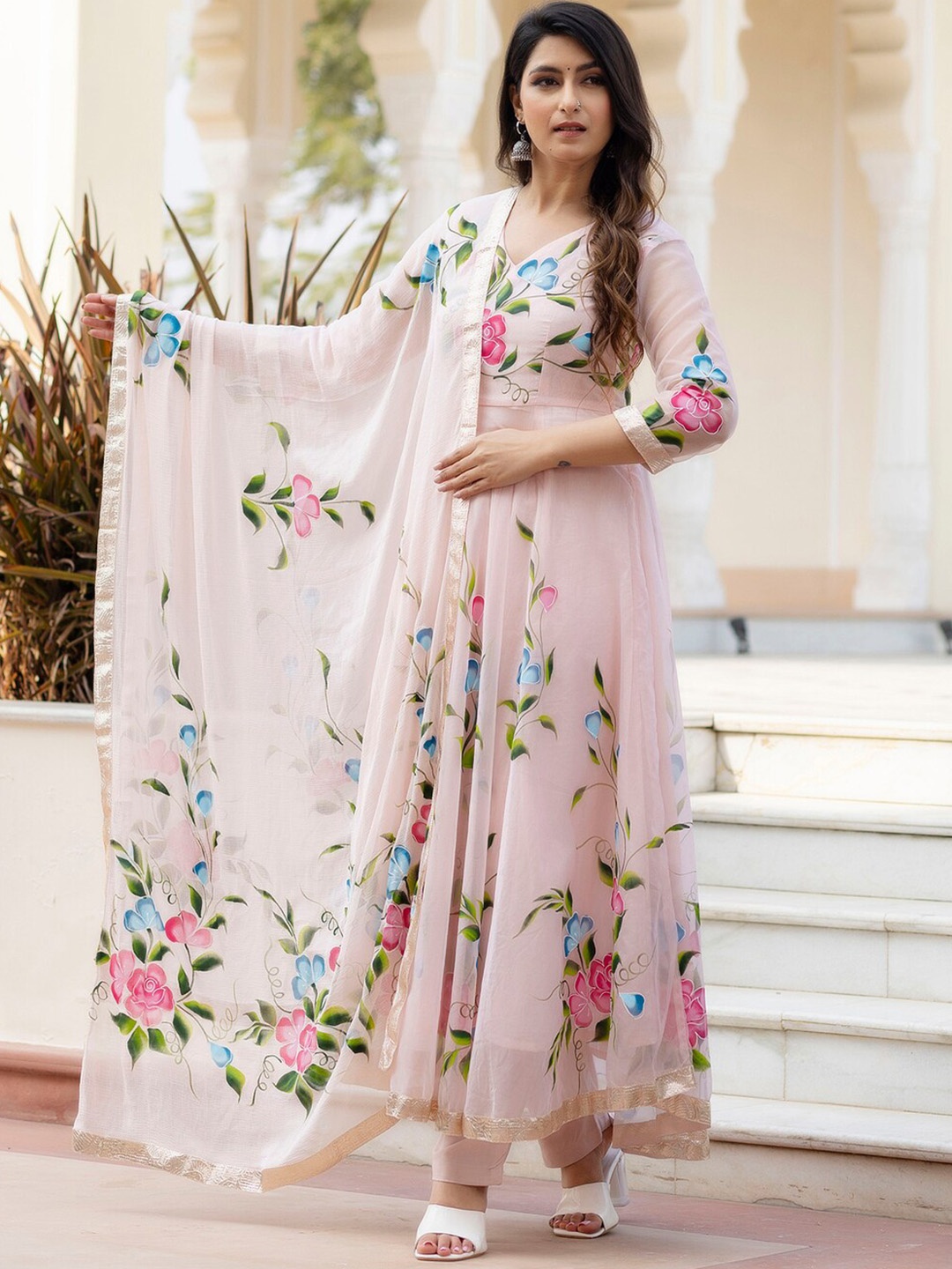 

Rangeelo Floral Printed Empire Flared A-Line Kurta With Palazzos & Dupatta, Pink