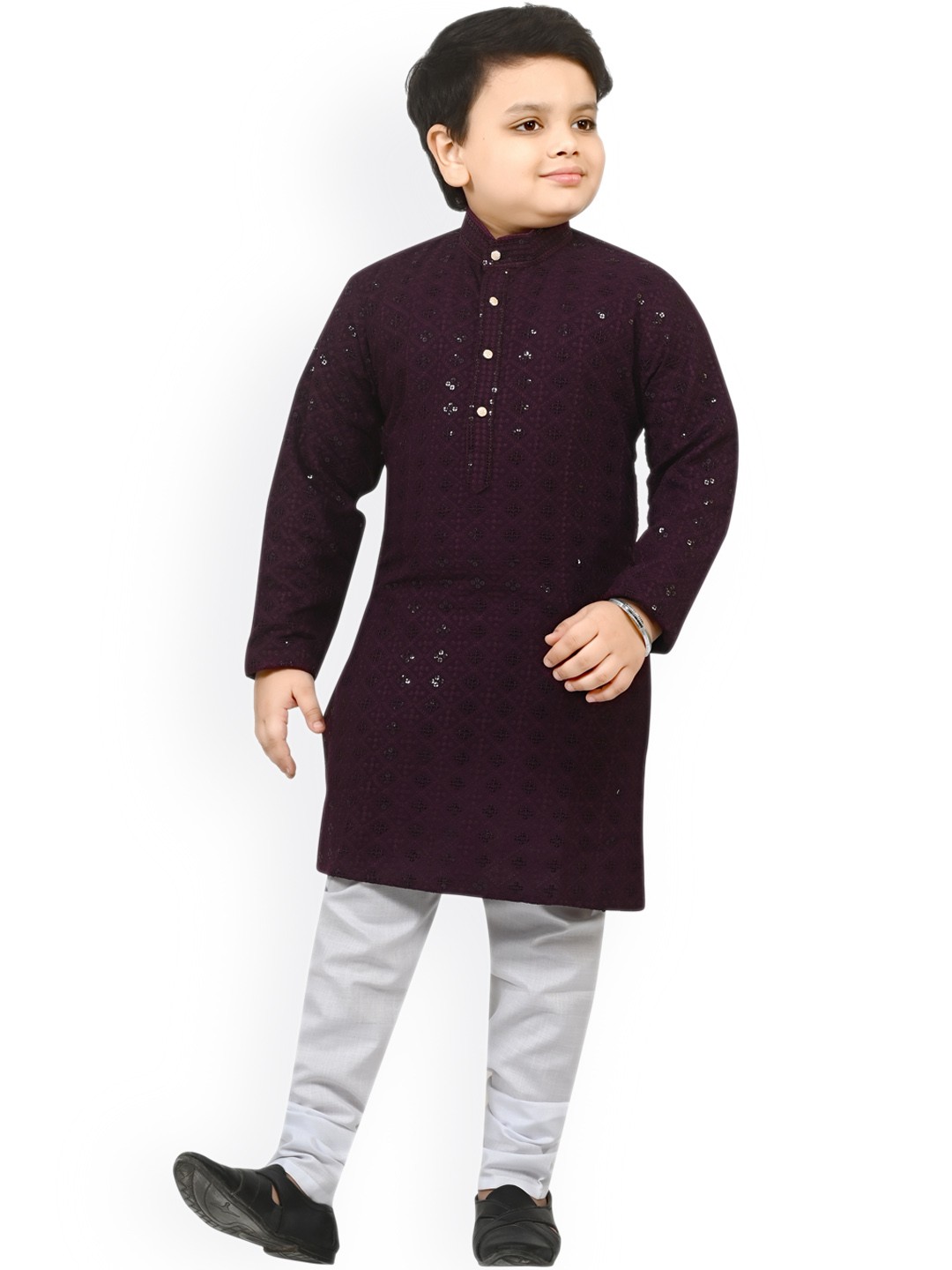 

BAESD Boys Floral Embroidered Regular Sequinned Kurta With Churidar, Purple