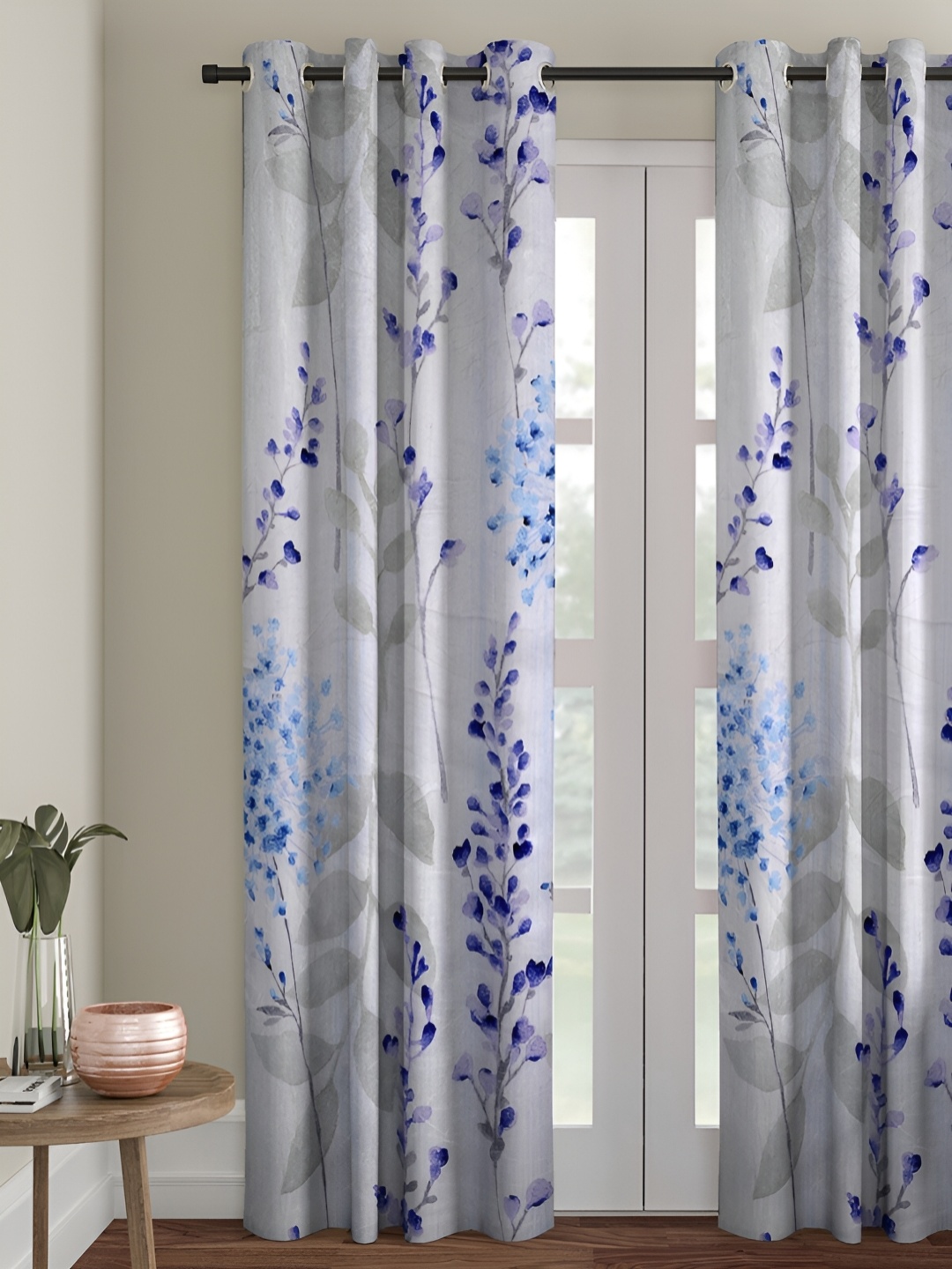 

Aura Off White & Blue Floral Room Darkening Door Curtain