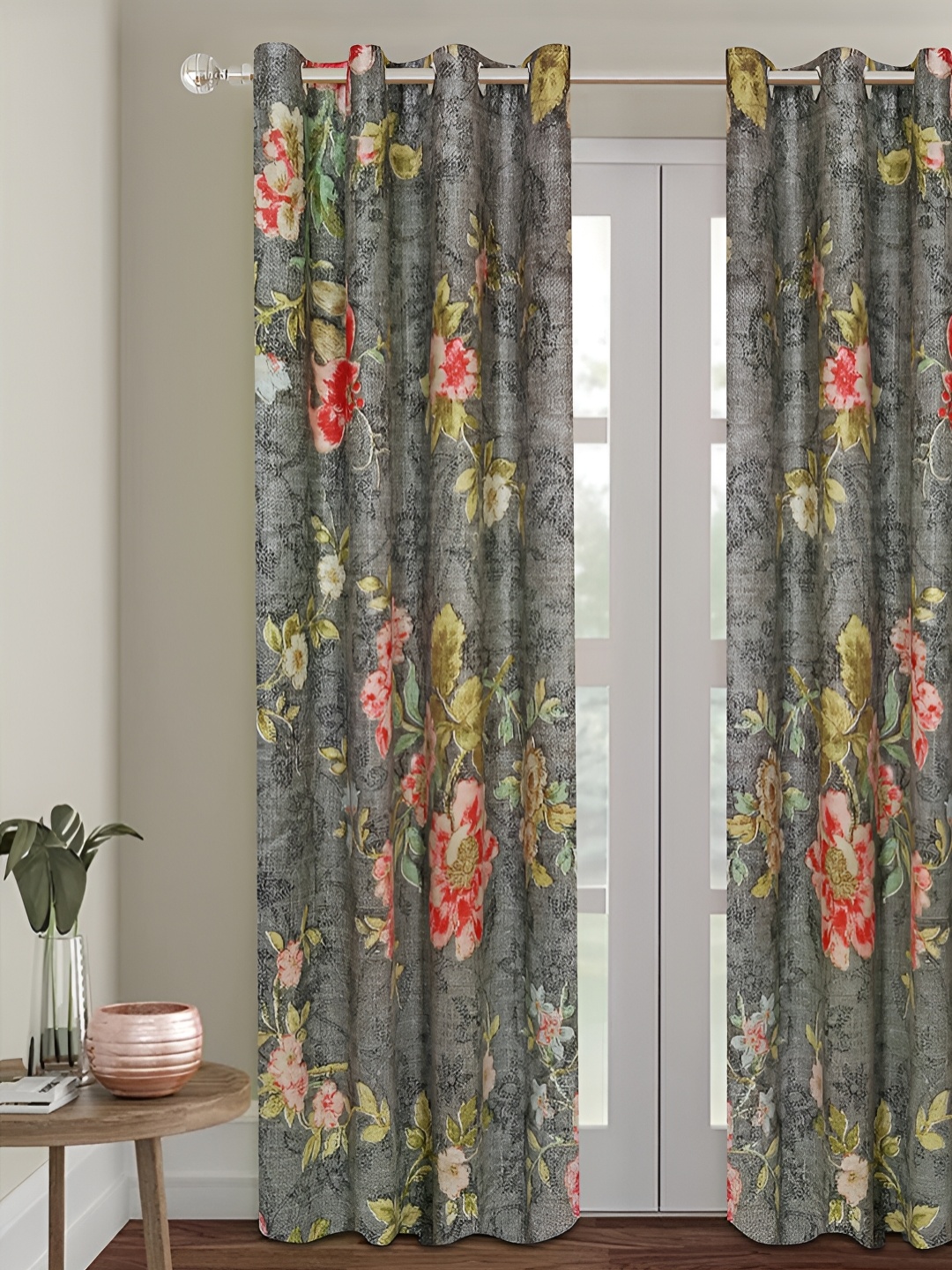 

Aura Grey & Red Floral Room Darkening Door Curtain