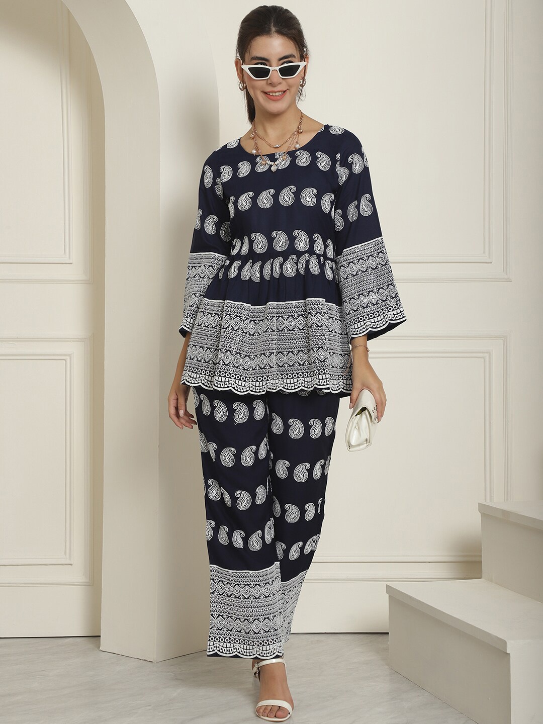 Indian Needle Embroidered Top With Palazzo Co-Ords, Navy blue