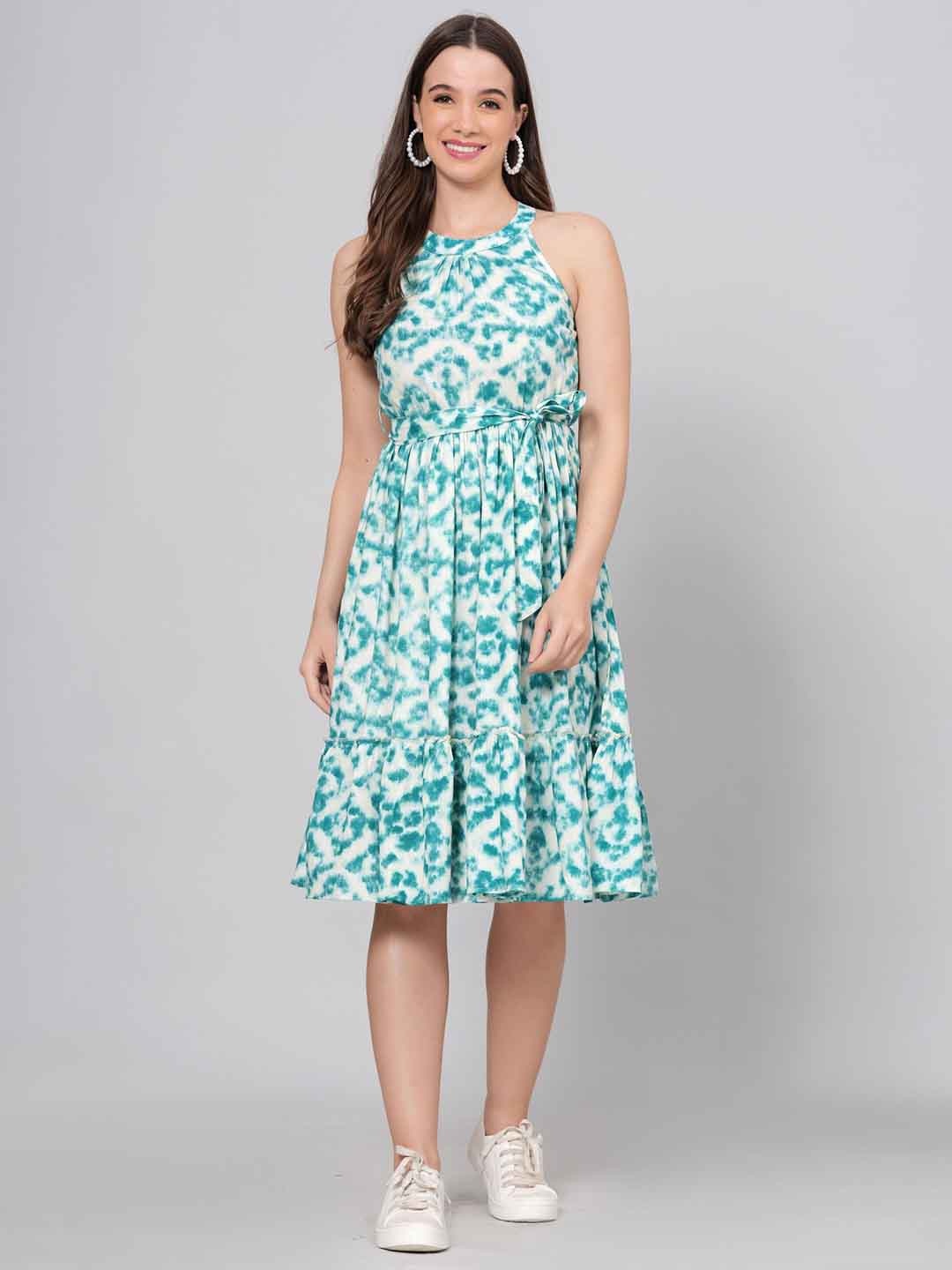 

PURSHOTTAM WALA Printed Halter Neck Empire Mini Dress, Blue
