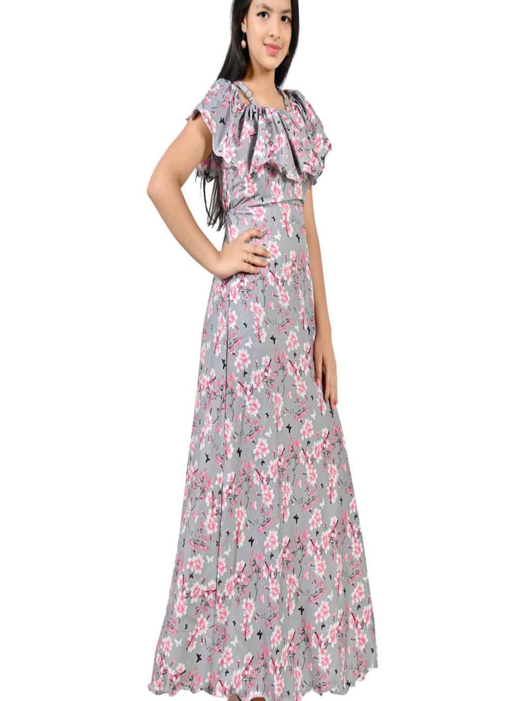 

BAESD Girls Floral Printed Ruffles Crepe Fit and Flare Dress, Grey