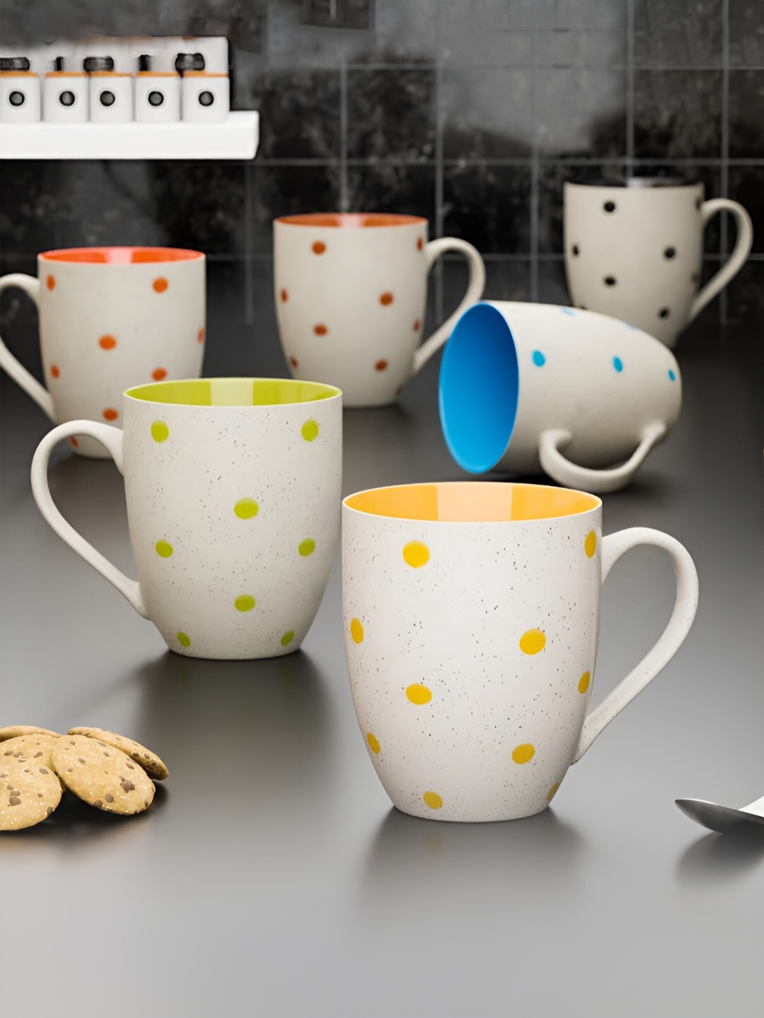 

The Earth Store White & Blue 6 Pcs Handcrafted Textured Ceramic Matte Mugs 300 ml
