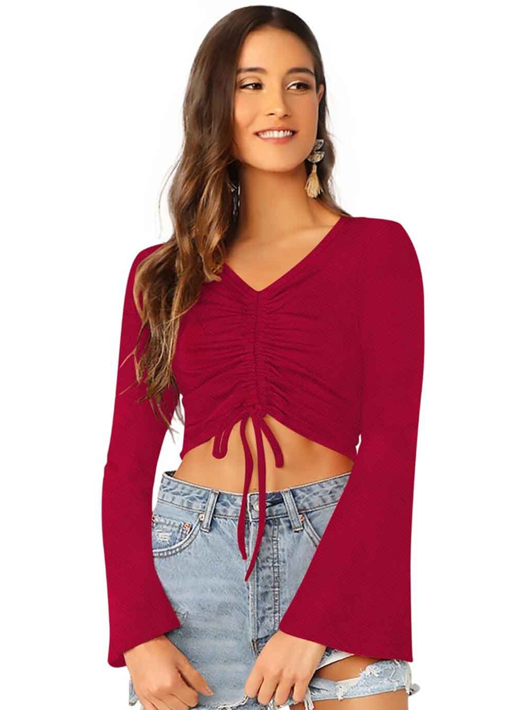 

Sitanjali V-Neck Bell Sleeve Crop Top, Maroon