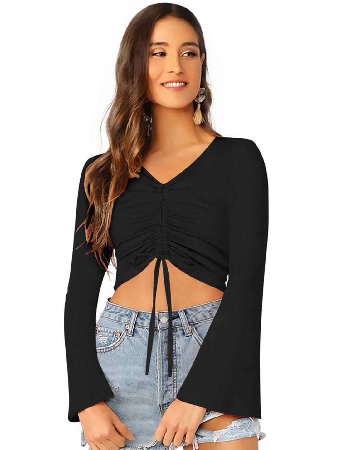 

Sitanjali Bell Sleeve Ruched Crop Top, Black