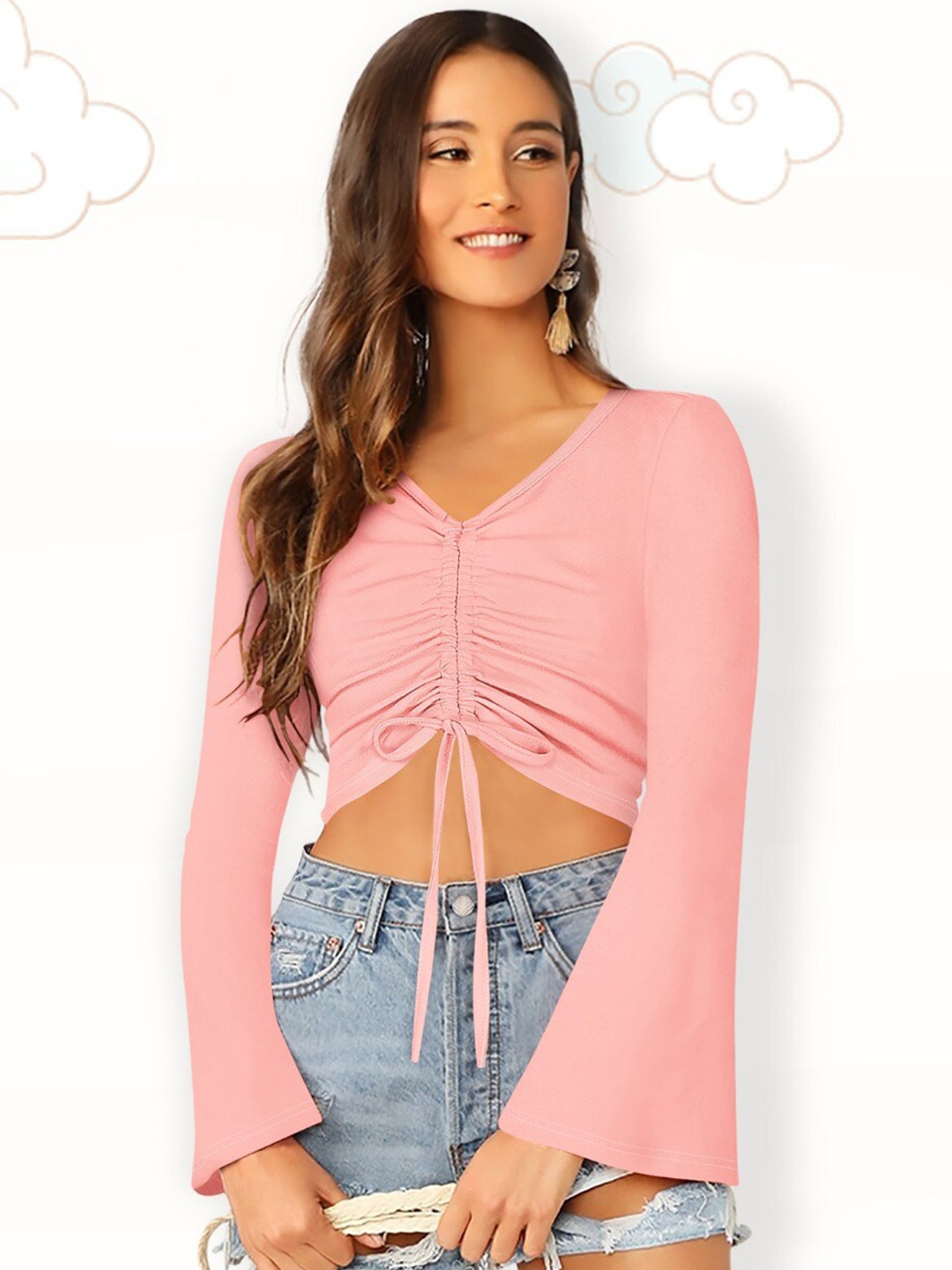 

Sitanjali Bell Sleeve Ruched Crop Top, Peach