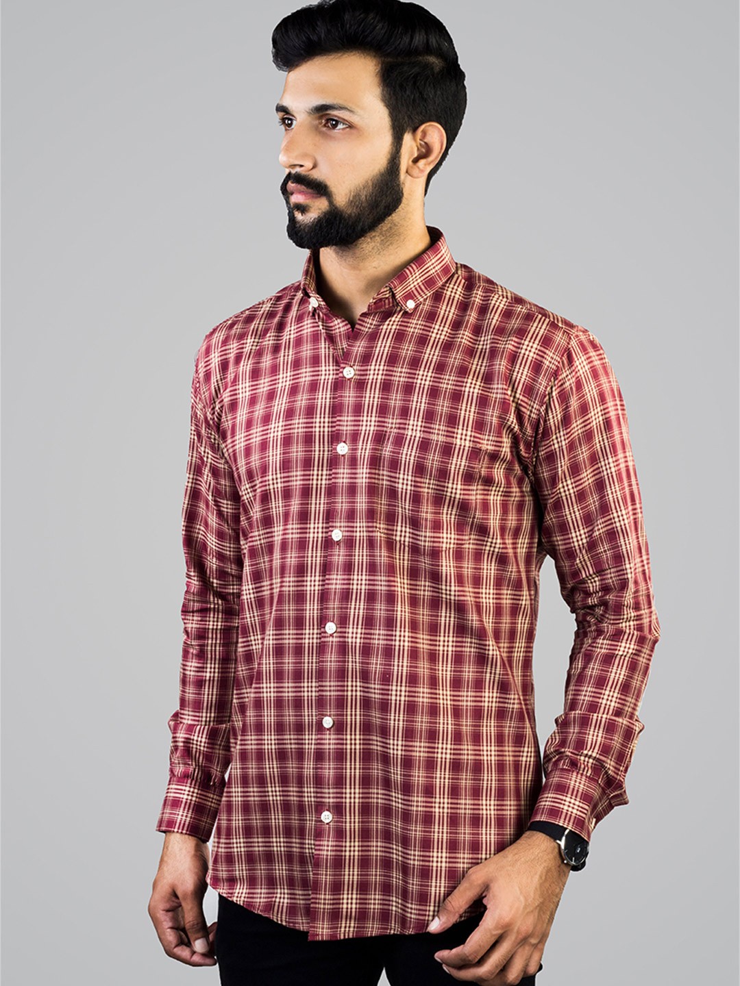 

INDIAN THREADS Slim Fit Shepherd Checked Button-Down Collar Casual Shirt, Maroon
