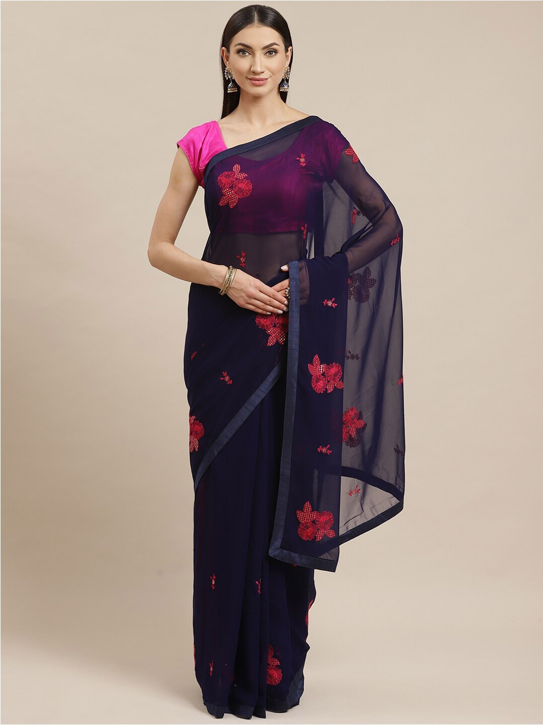 

Shaily Floral Pure Georgette Saree, Navy blue
