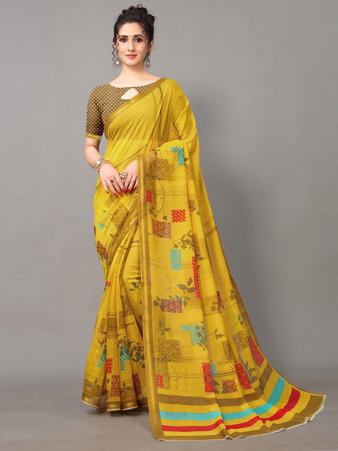 

Shaily Abstract Printed Zari Saree, Mustard