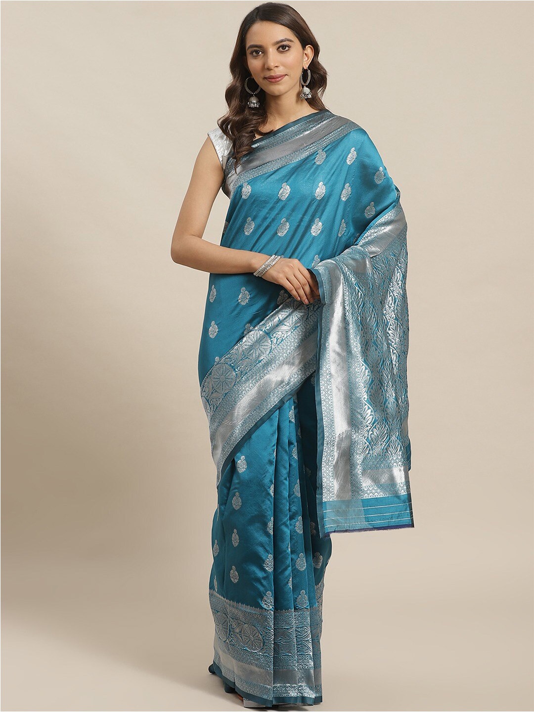 

Shaily Ethnic Motifs Woven Design Zari Saree, Turquoise blue