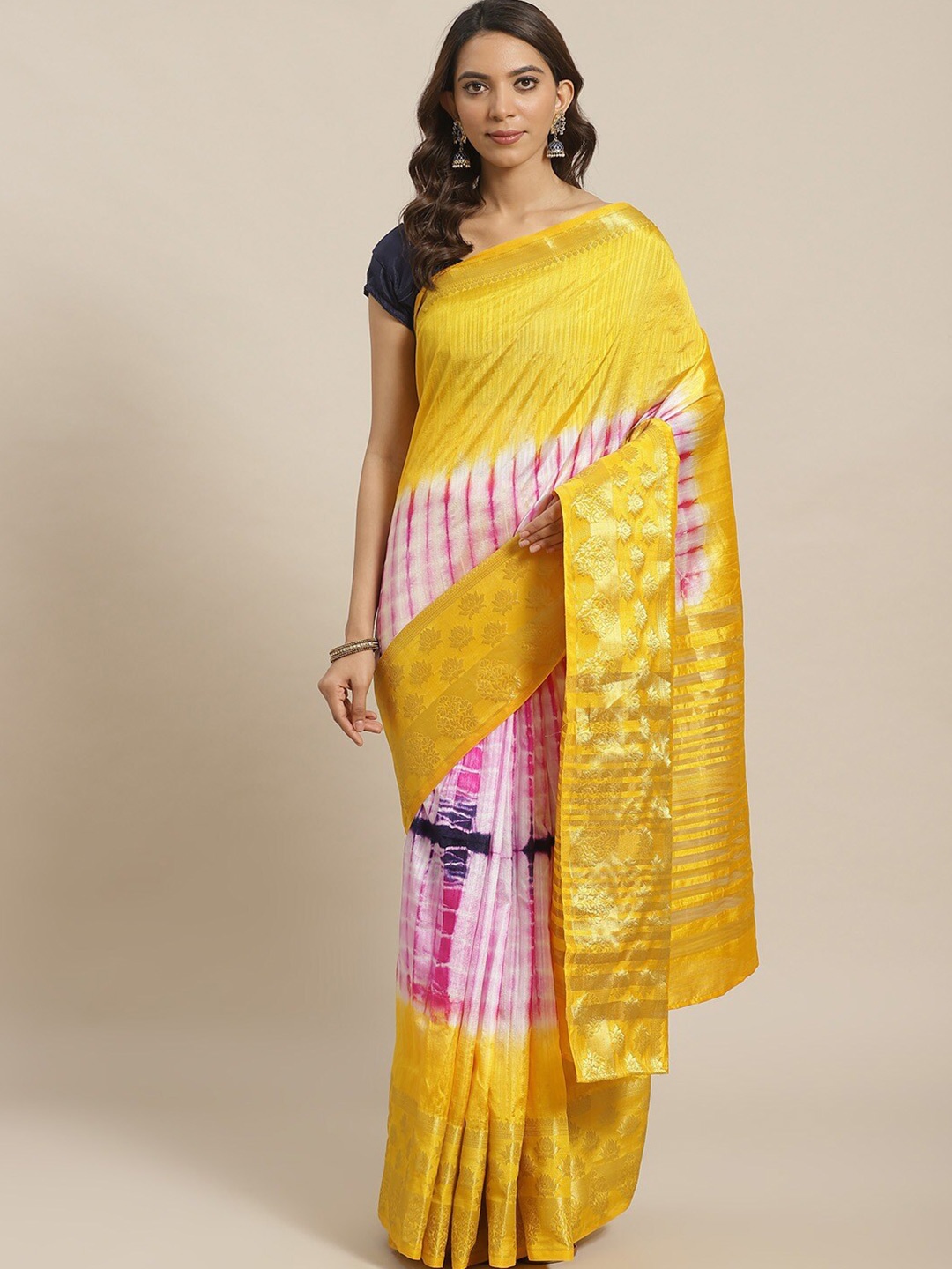 

Shaily Tie and Dye Printed Zari Saree, Yellow