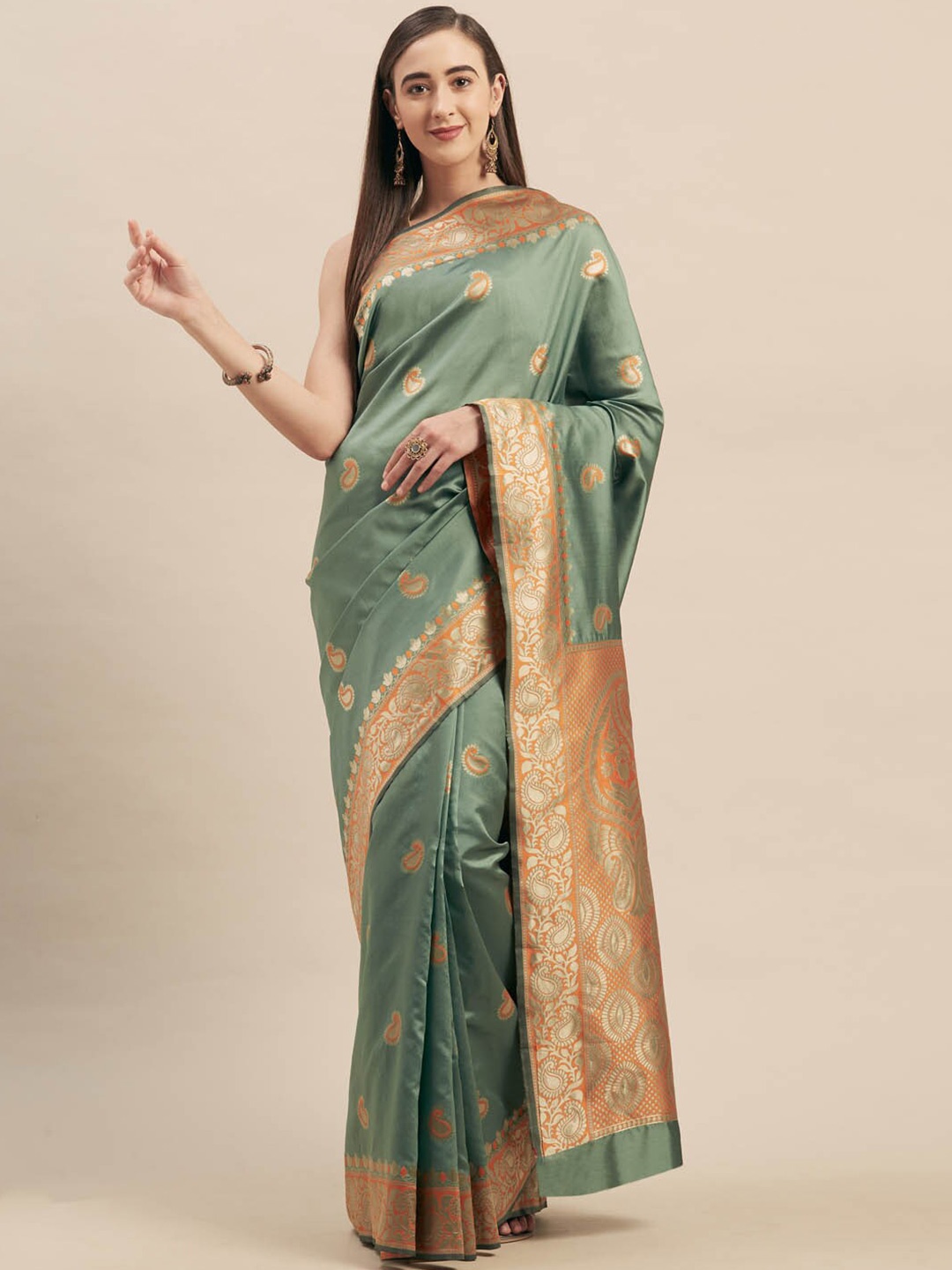 

Shaily Ethnic Motifs Woven Design Zari Saree, Green