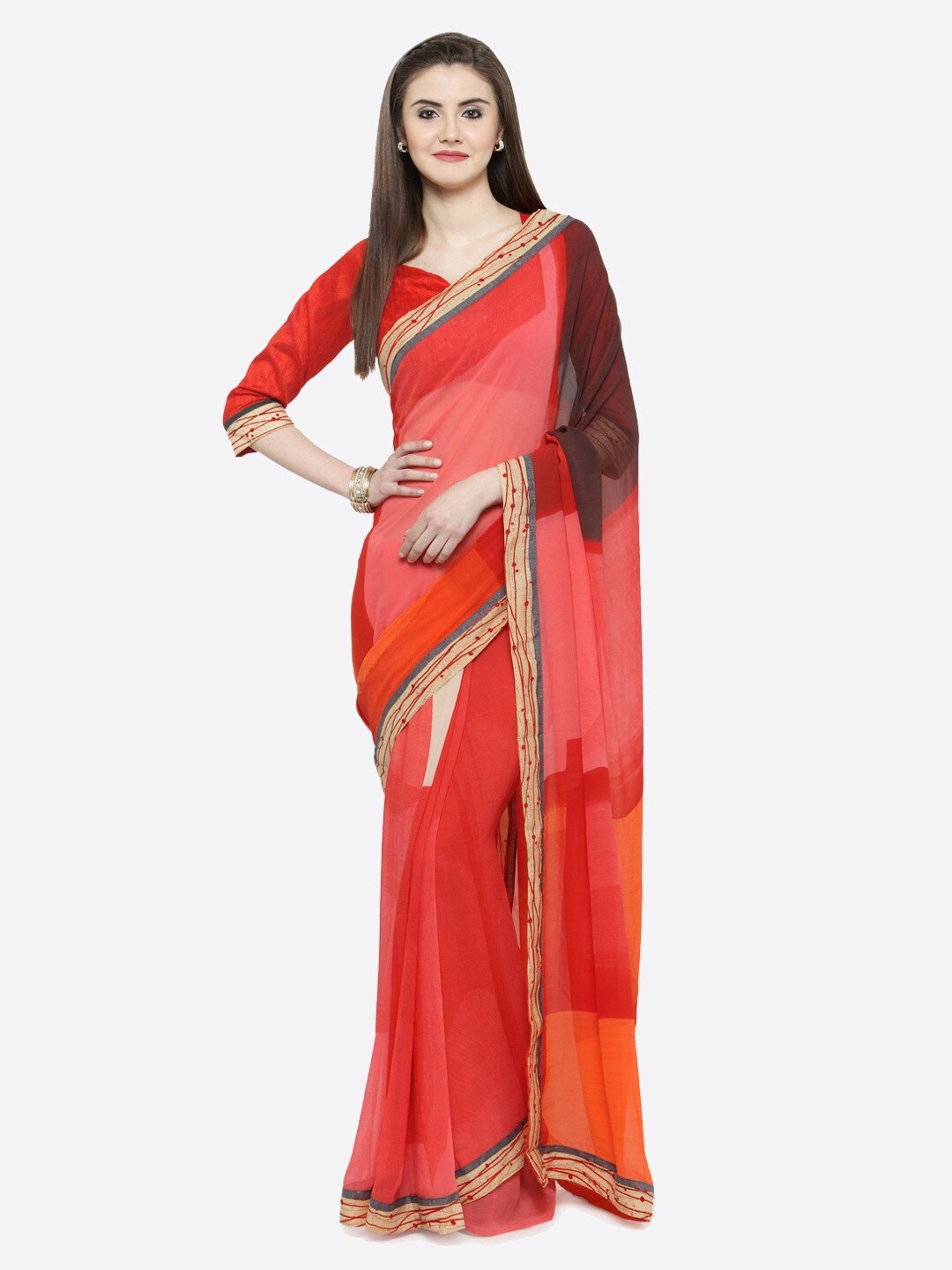 

Shaily Colourblocked Pure Georgette Saree, Red