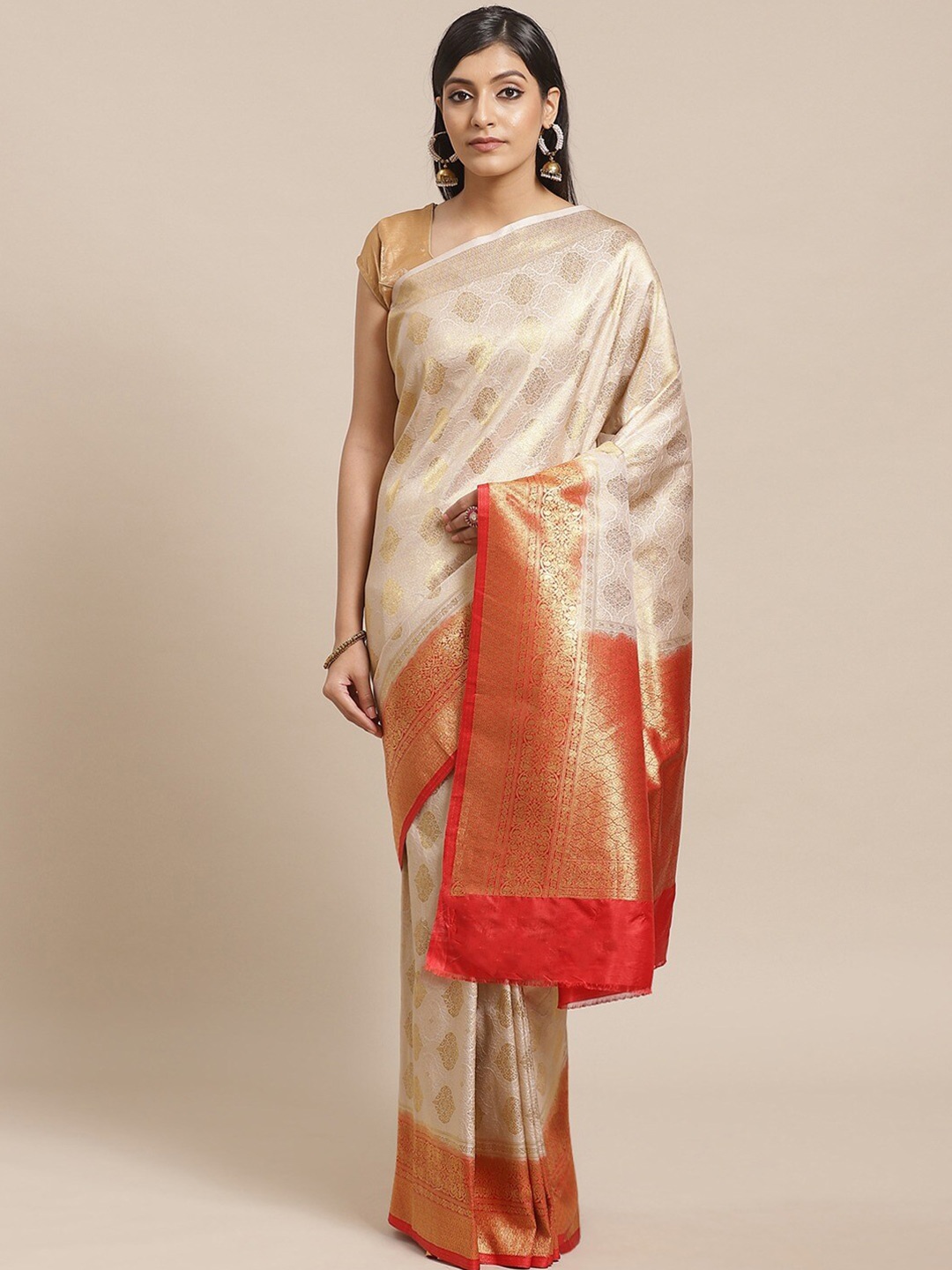 

Shaily Ethnic Motifs Woven Design Zari Saree, Beige