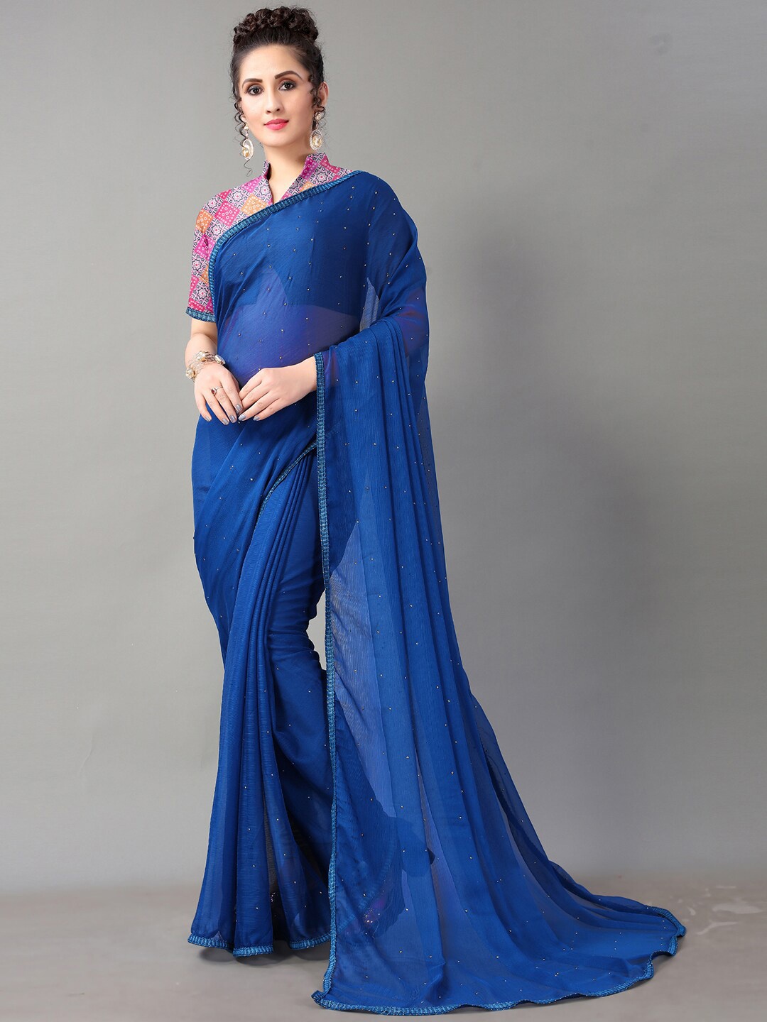 

Shaily Embellished Beads and Stones Pure Chiffon Saree, Navy blue