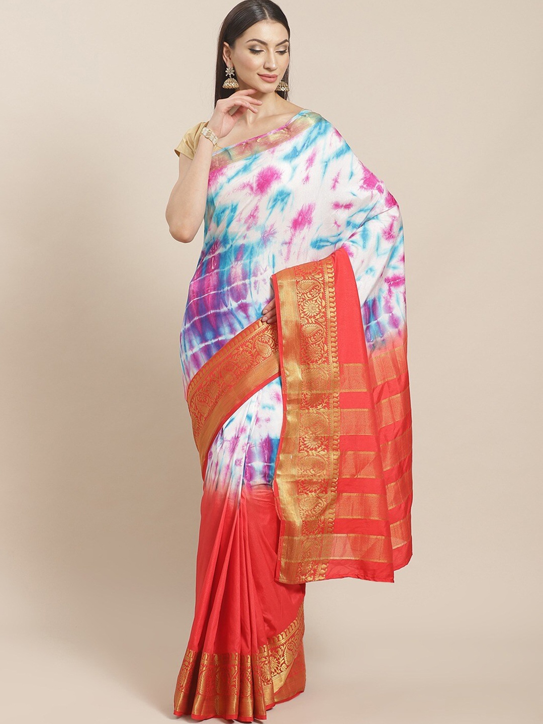 

Shaily Tie and Dye Dyed Zari Saree, Red