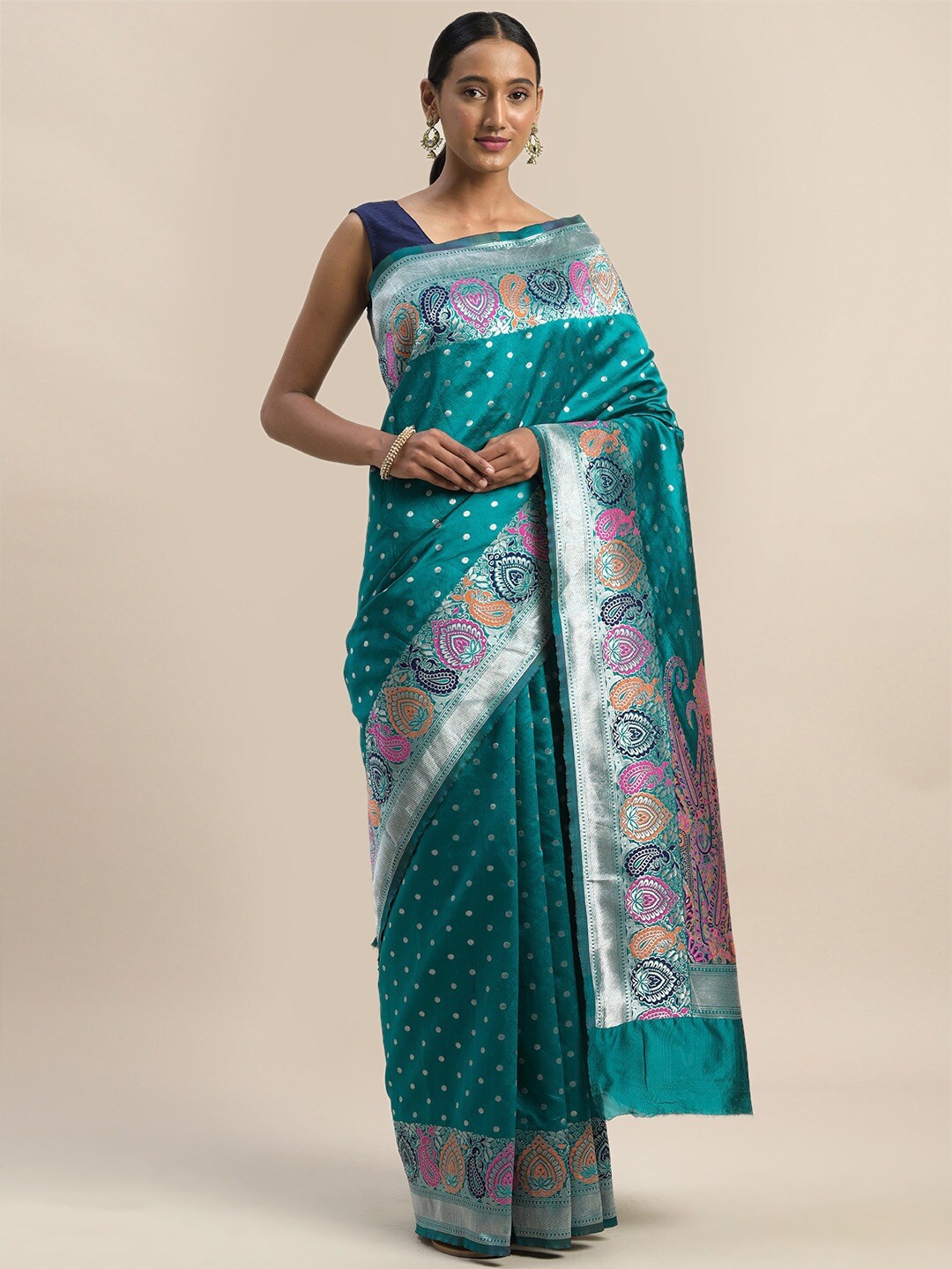 

Shaily Teal Green Ethnic Motifs Woven Design Zari Saree