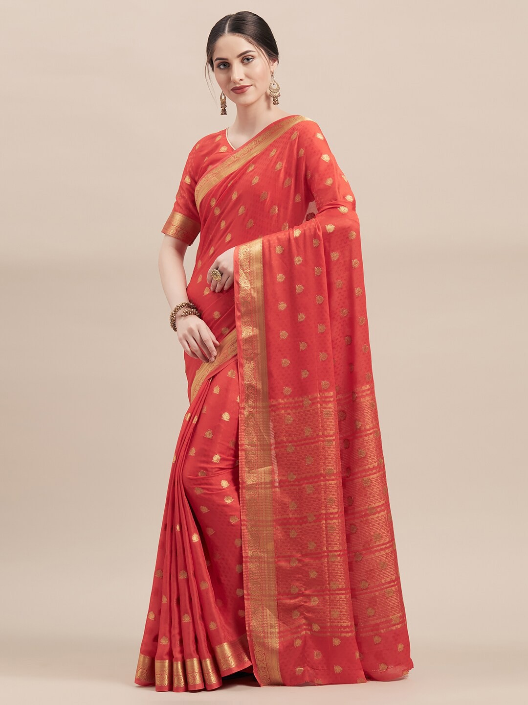 

Shaily Red Ethnic Motifs Woven Design Zari Saree