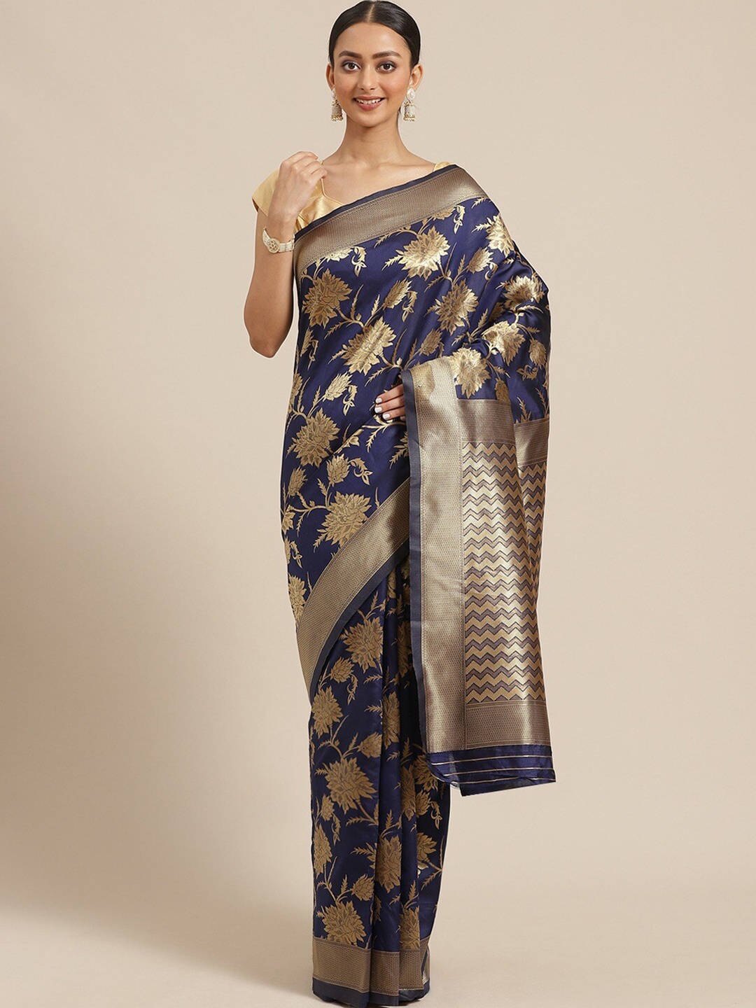 

Shaily Navy Blue Ethnic Motifs Woven Design Zari Saree