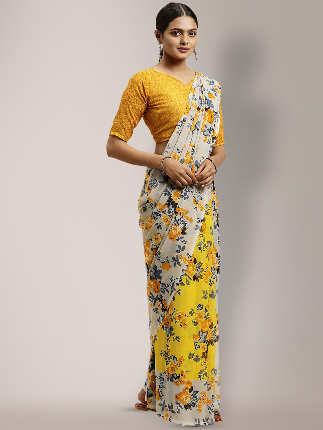 

Shaily Yellow Floral Printed Saree