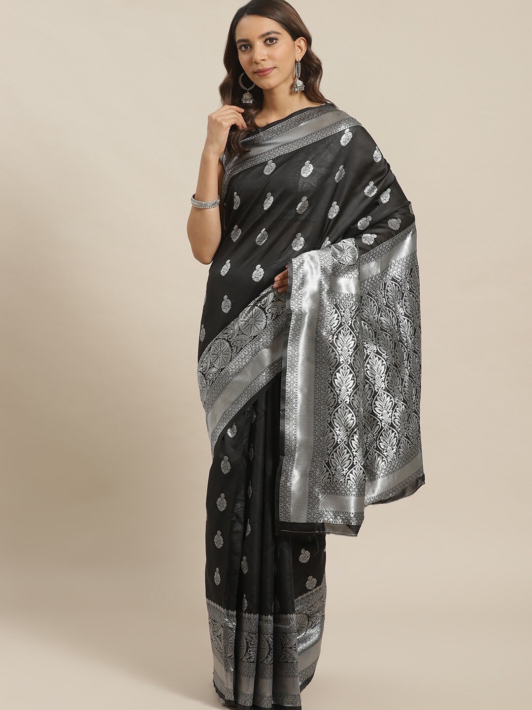 

Shaily Black Ethnic Motifs Woven Design Zari Saree