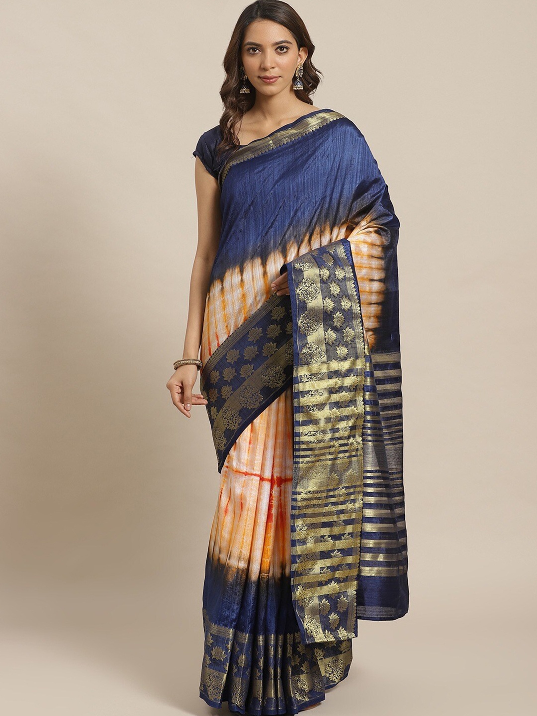 

Shaily Navy Blue Tie and Dye Printed Zari Saree