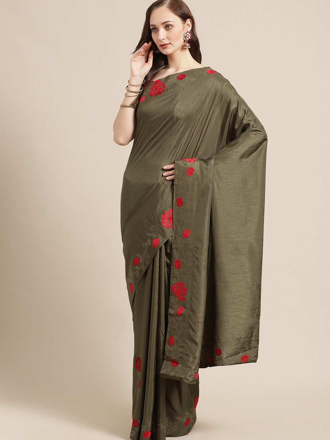 

Shaily Olive Green Embellished Saree