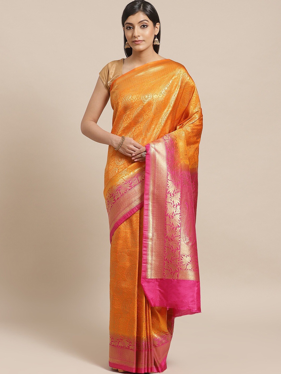 

Shaily Orange Ethnic Motifs Woven Design Zari Saree