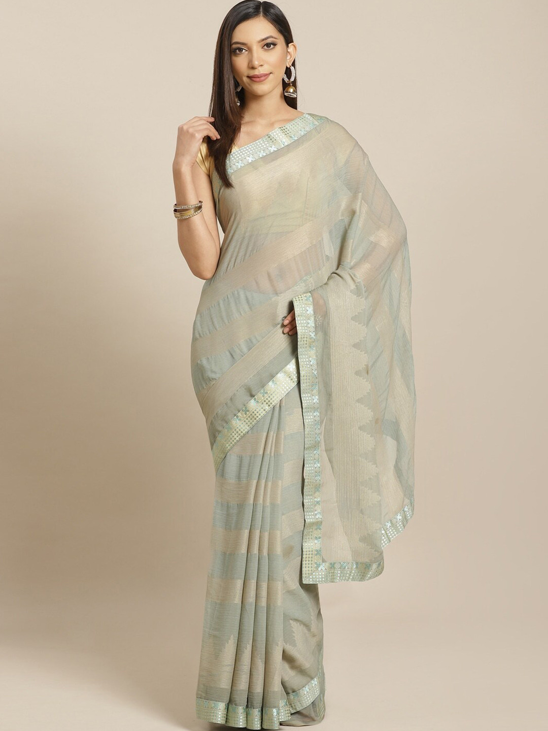 

Shaily Grey Striped Woven Design Zari Saree